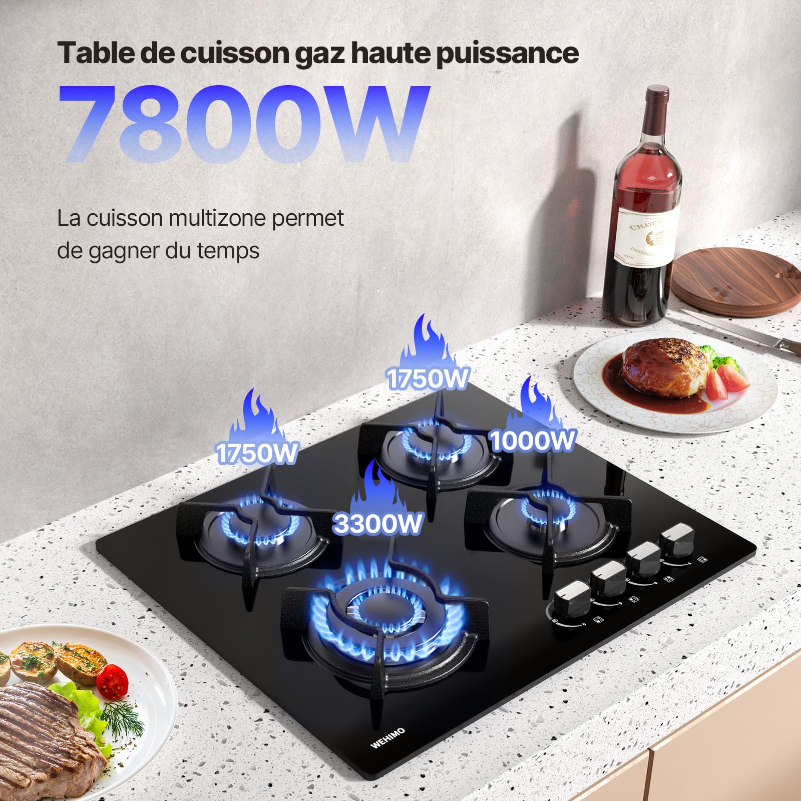 Plaque de Cuisson Gaz 4 Feuxs Encastrable 60cm 7800W Grille Fonte Verre Noir