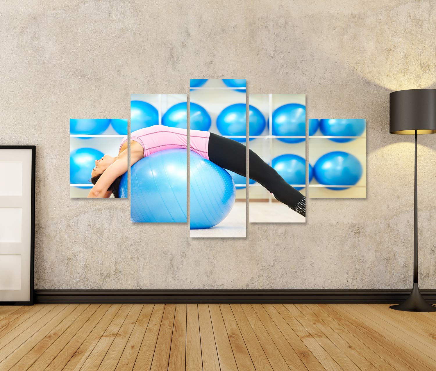 islandburner Tableau sur toile Femme faisant des étirements sur un ballon de fitness pendant des exercices de P Cadre Affiche Poster Murale Tableaux