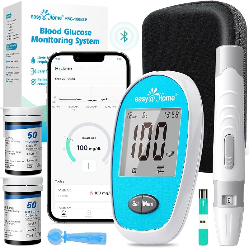 Wireless Glucose Monitor Kit, 100-Strip Blood Sugar Testing Kit | GlucoseEase App, Large Display, Includes 100 Glucometer Strips & 100 Blood Lancets