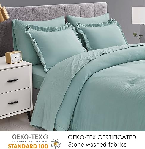Miniatura 7 de Chezmoi Collection Nora Aqua - Juego de edredón tamaño Queen de 3 piezas, ligero, esponjoso, suave, ligero, con borde con volantes, juego de edredón
