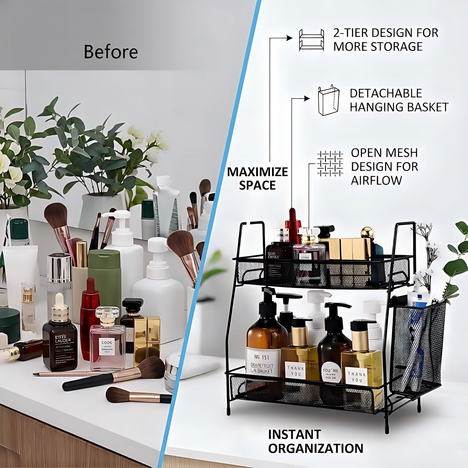 LEMIKKLE Organizer Bagno e Cucina, 2 Livelli Portaspezie, Portaoggetti per Profumi e Make Up (Nero)