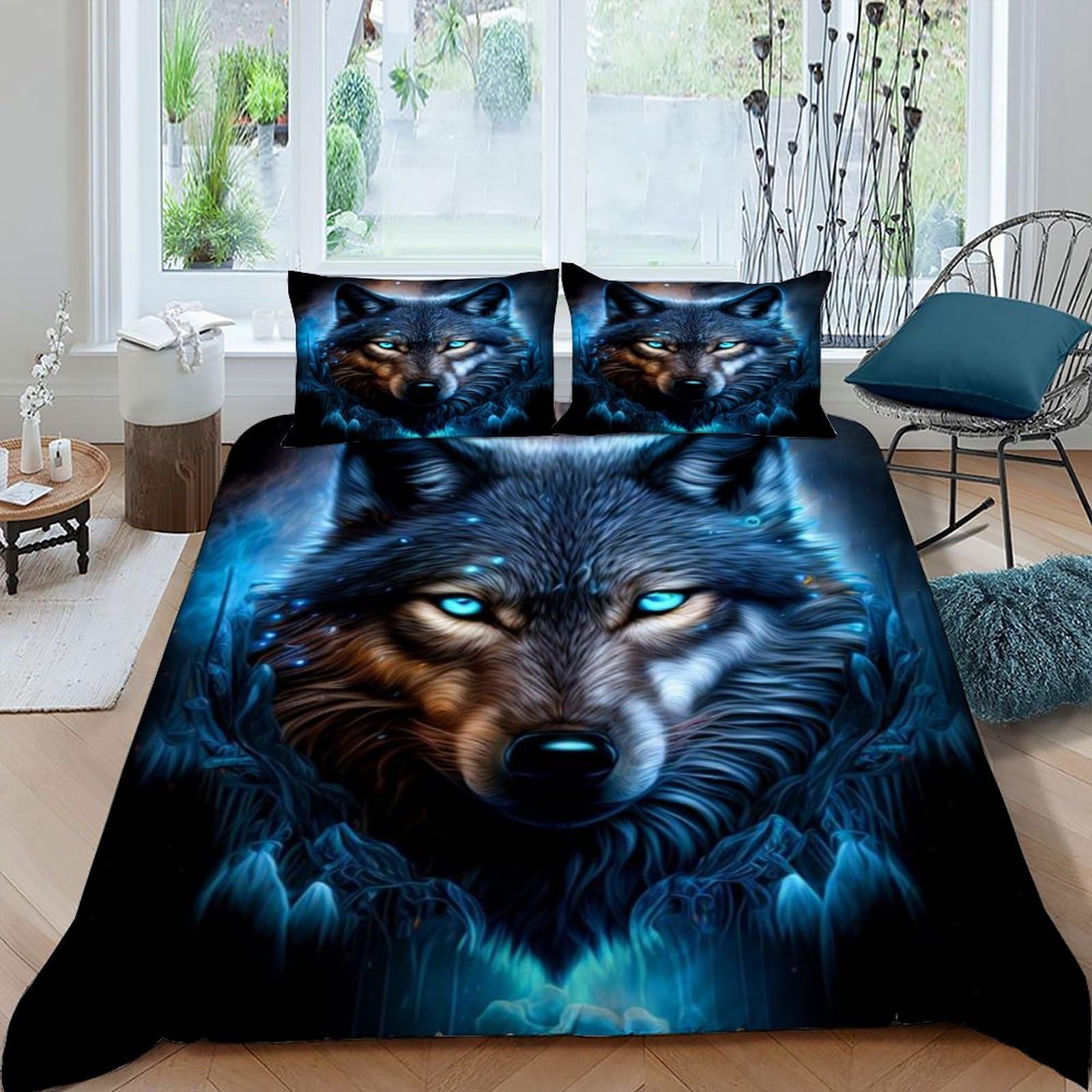 Housse de couette loup 220x240 cm avec taies en microfibre pour lit double