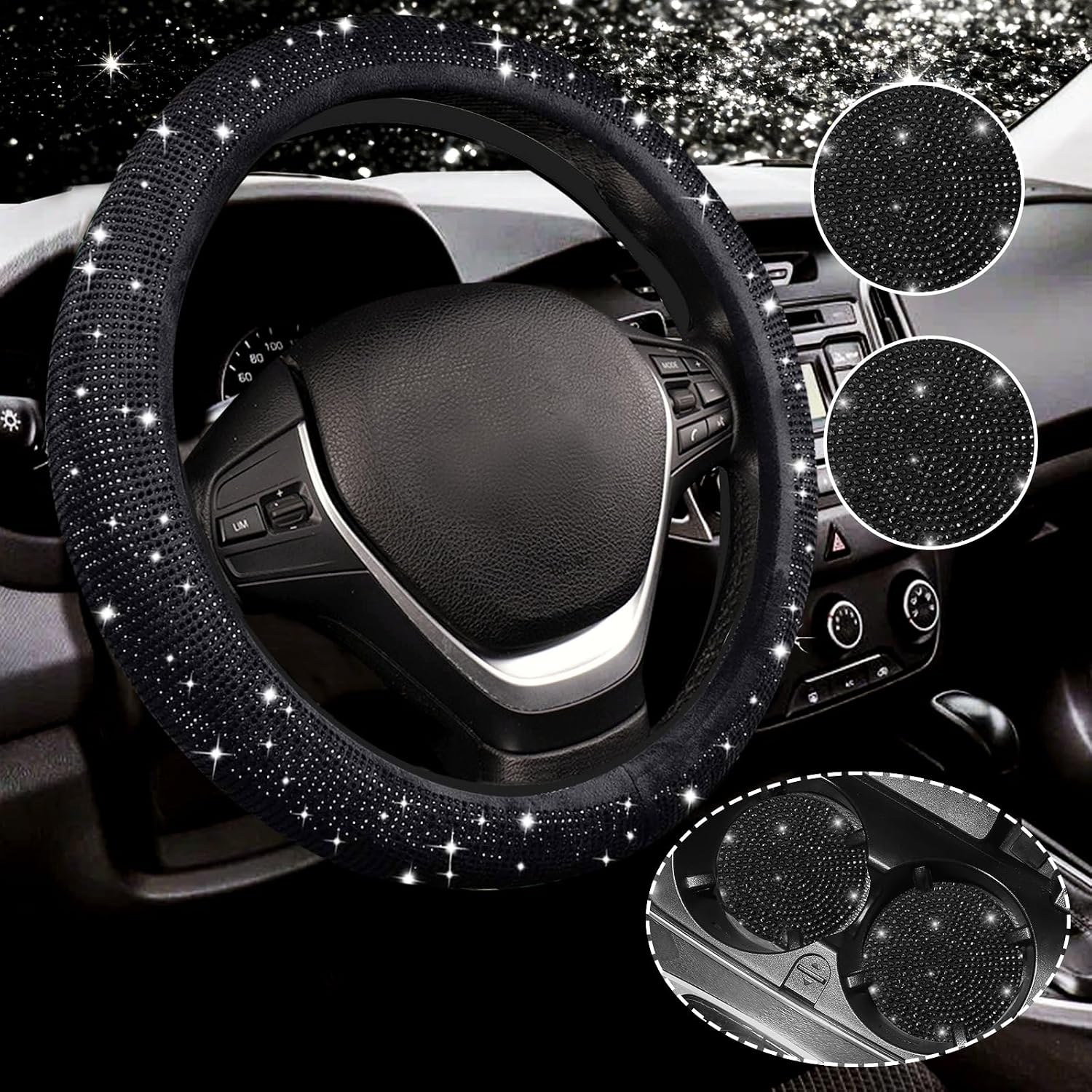 Hot Pink Steering Wheel Cover for Women Men Bling Bling Crystal Diamond Sparkling Universal Fit 14-15 Inch with 2PCS Anti Slip Crystal Rhinestone Car Coaster