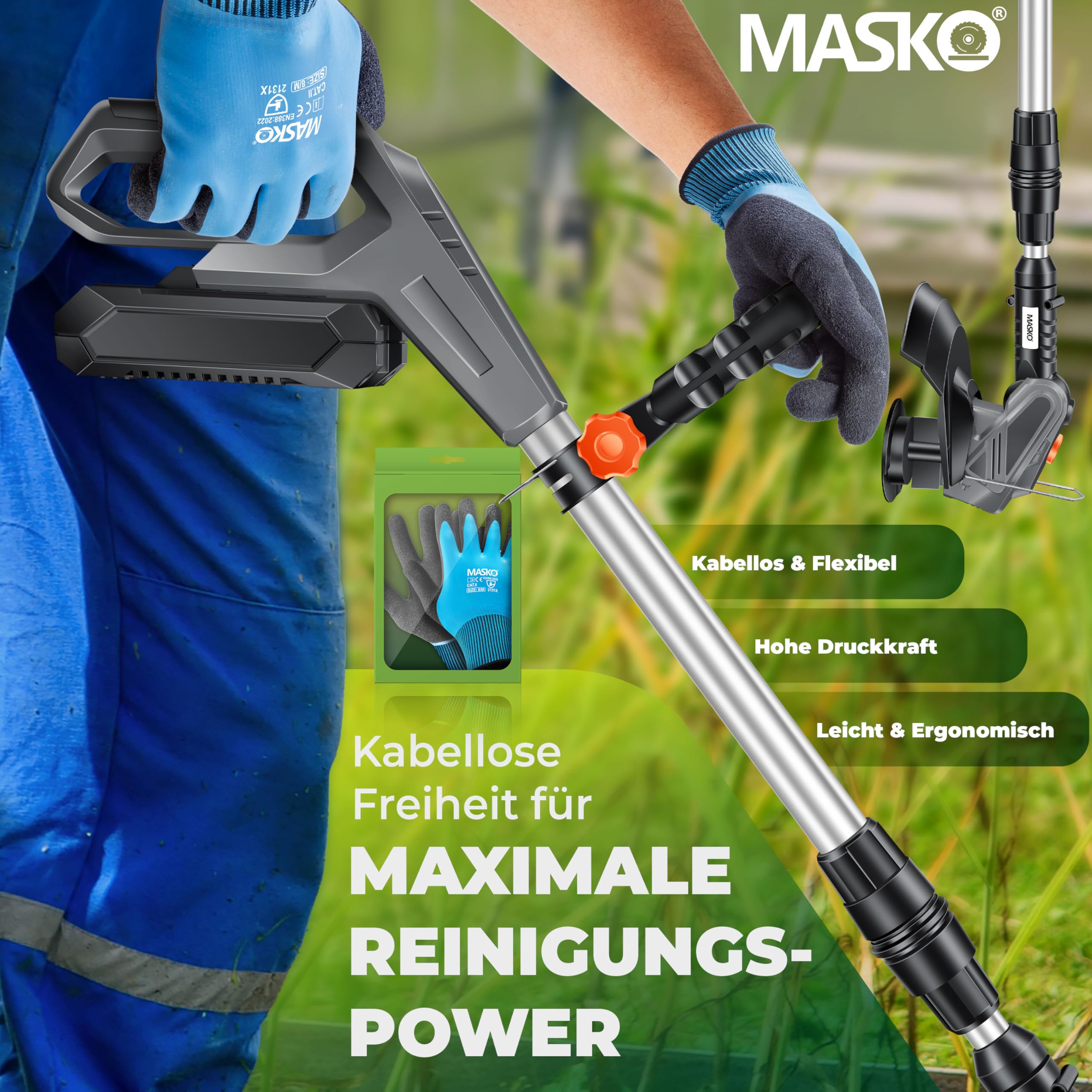 Débroussailleuse sans Fil MASKO® avec Batterie Li-ION 20 V, Batterie 2,0 Ah et Chargeur, Largeur de Coupe 260 mm, Angle de Coupe 180°, Manche télescopique et poignée supplémentaire + Accessoires