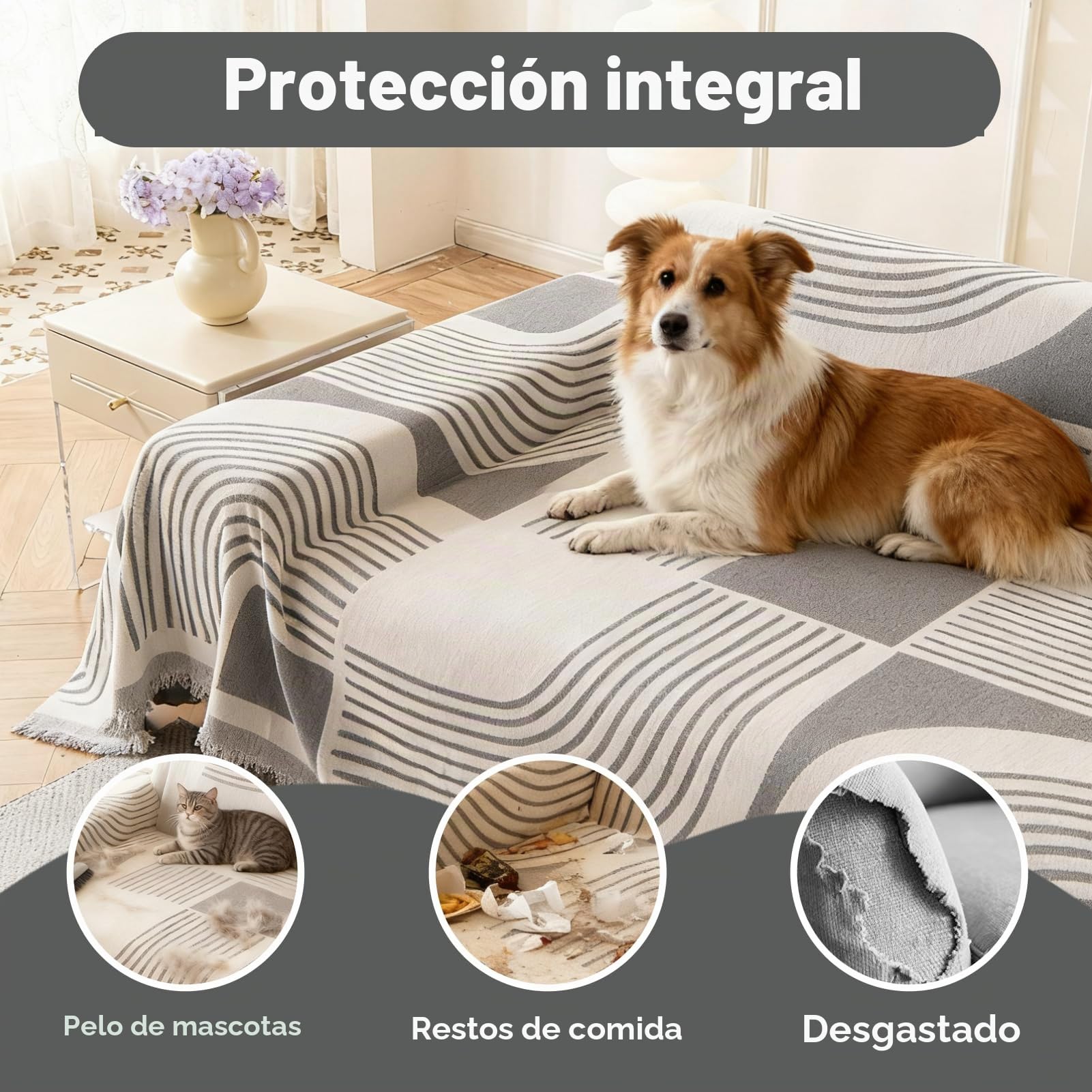 WEYOND Funda Sofa Chaise Long, 2 Piezas, 180 x 300 cm + 180 x 300 cm, Gris | Funda Sofá Chaise Longue de Chenilla, Cubre Sofá para Perros y Gatos, Antideslizantes para Sofá 2/3/4 Plazas en L