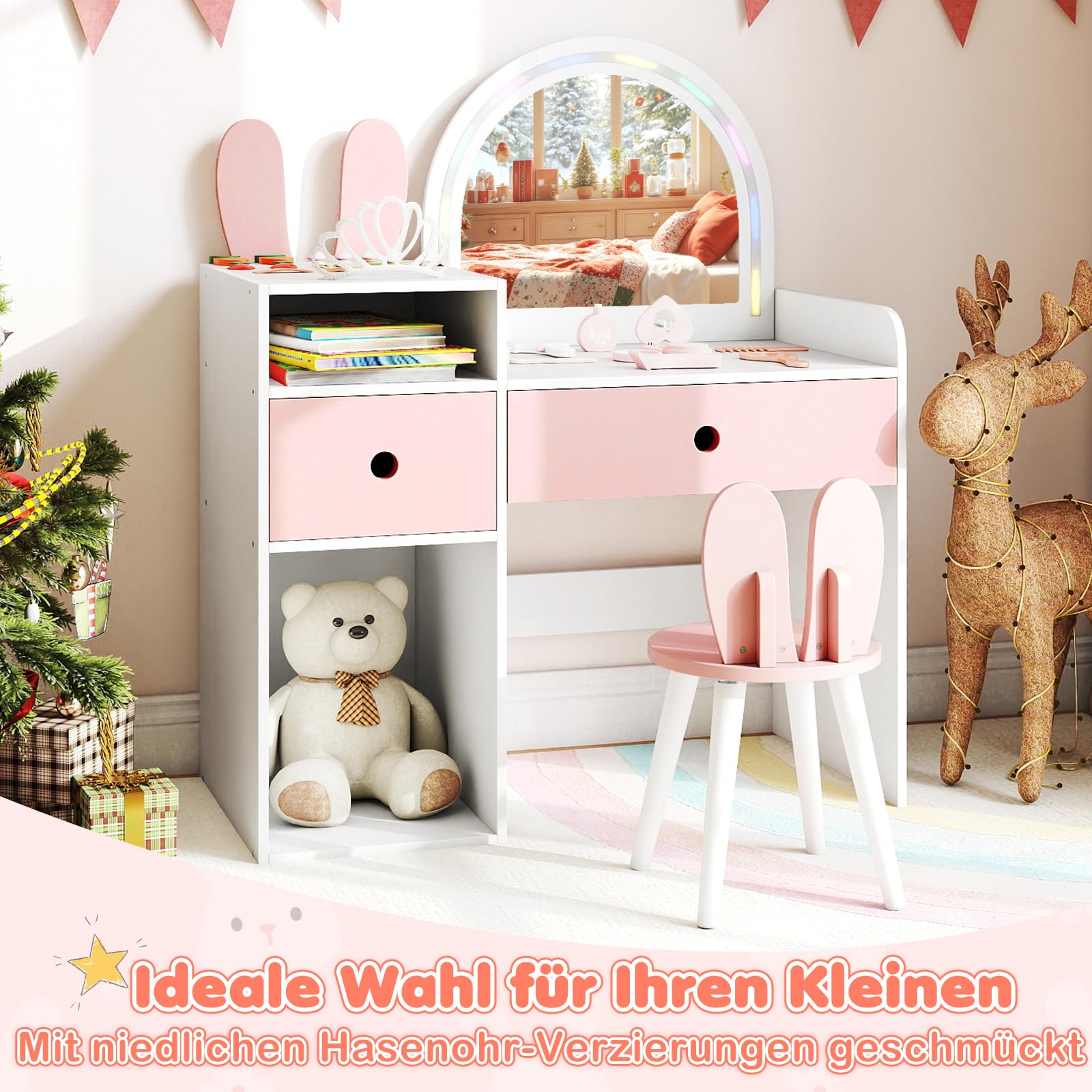 COSTWAY Kinder Schminktisch mit Beleuchtung, Frisiertisch mit bunten LED-Lichtern & Hocker, Kinderschminktisch mit 2 Schubladen, offenen Fächern, Kosmetiktisch für Mädchen ab 3 Jahren (Weiß+Rosa)