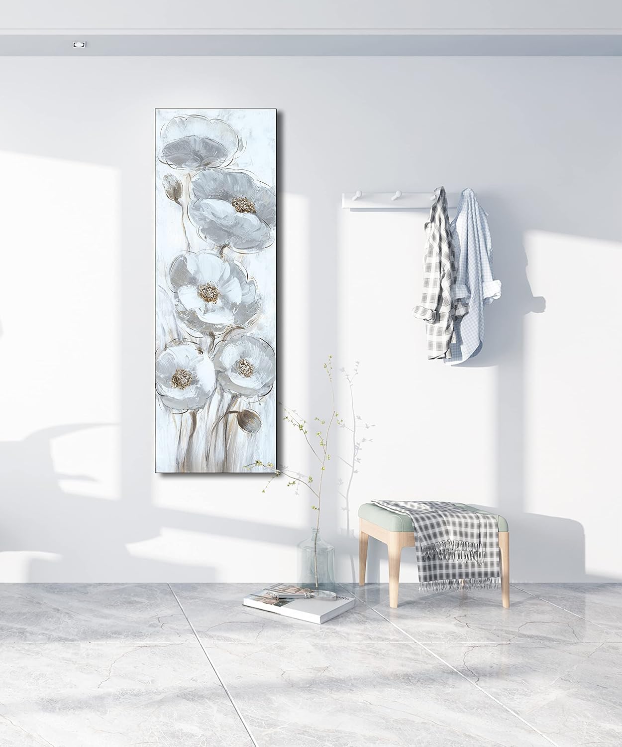 White Lotus flower canvas wall art living room flowers 3D abstract vertical scene hand-painted scenery oil painting printing bedroomoffice(40x120cm)Frameless 16x48inch(40x120cm)Frameless 16x48inch(40x120cm)Frameless White