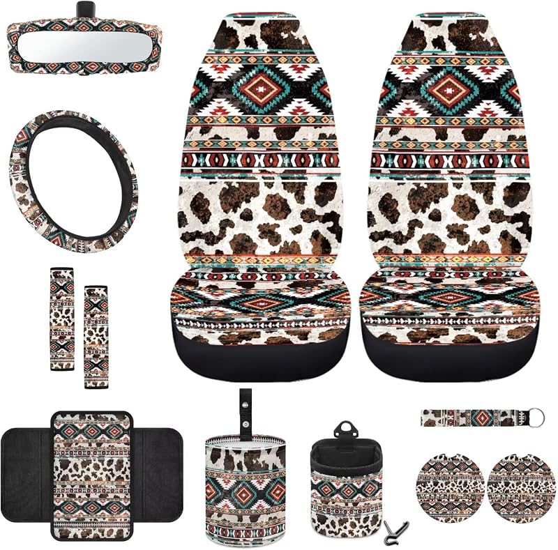 Wanyint Kit de Acessórios Internos para Carro com Capas de Banco Dianteiras e Decor Aztec Navajo Cow Print, 12 peças
