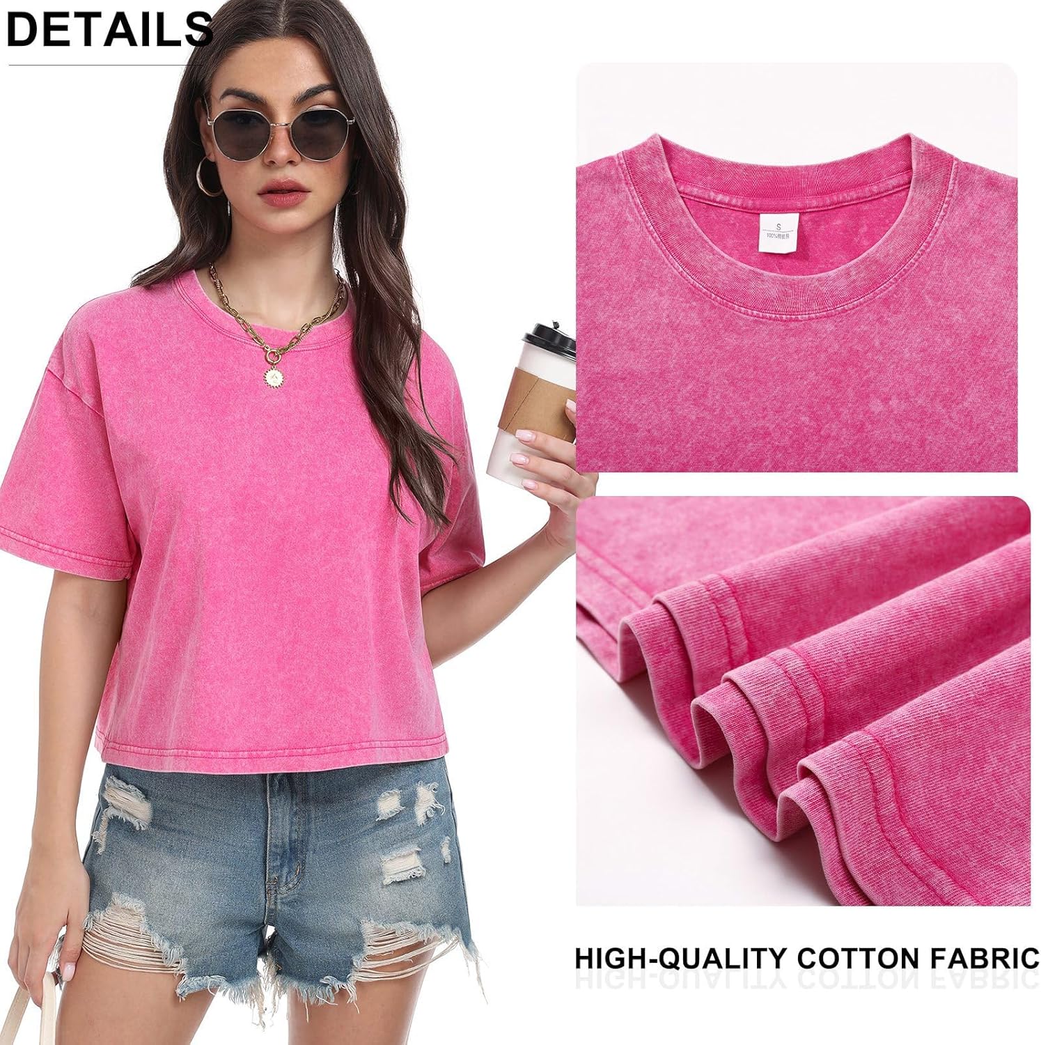 Womens Crop Tops Acid Wash Short Sleeve T-Shirts Casual Round Neck Basic Tees Baggy Summer Shirts - Image 3