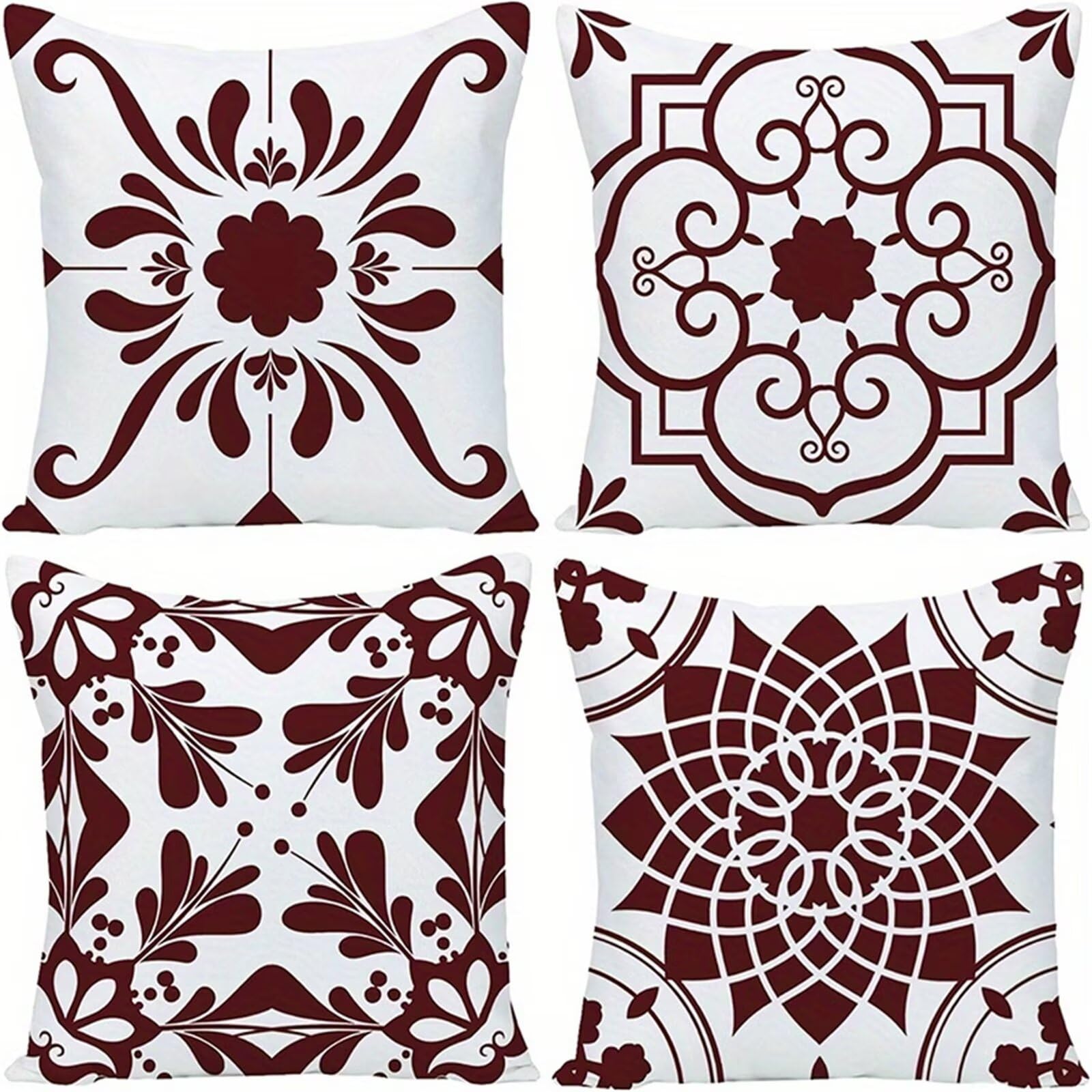 Heaen Outdoor Cushions Covers Waterproof 55x55 cm Set of 4 Square Linen Pillow Cases Brown White Geometric Decorative Dushions for Sofa Porch Patio Home Decor