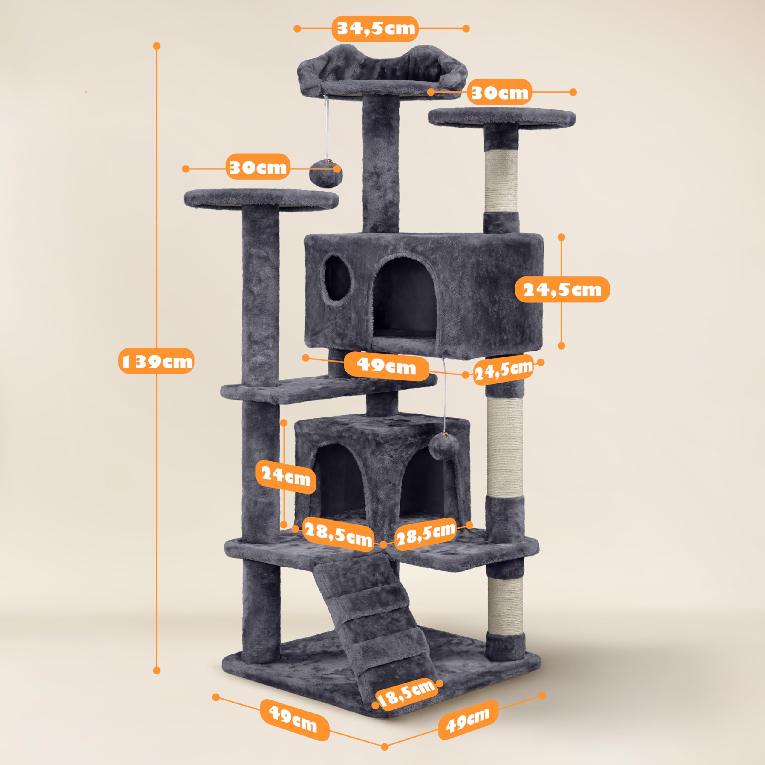 Yaheetech 139 cm Kratzbaum für Kleine und Mittelgroße Katzen, Mehrstufiger Katzenturm mit 2 Höhlen, 3 Plattformen, Sisalsäulen und Stufendesign, Stabil für Mehrkatzenhaushalte, Dunkelgrau
