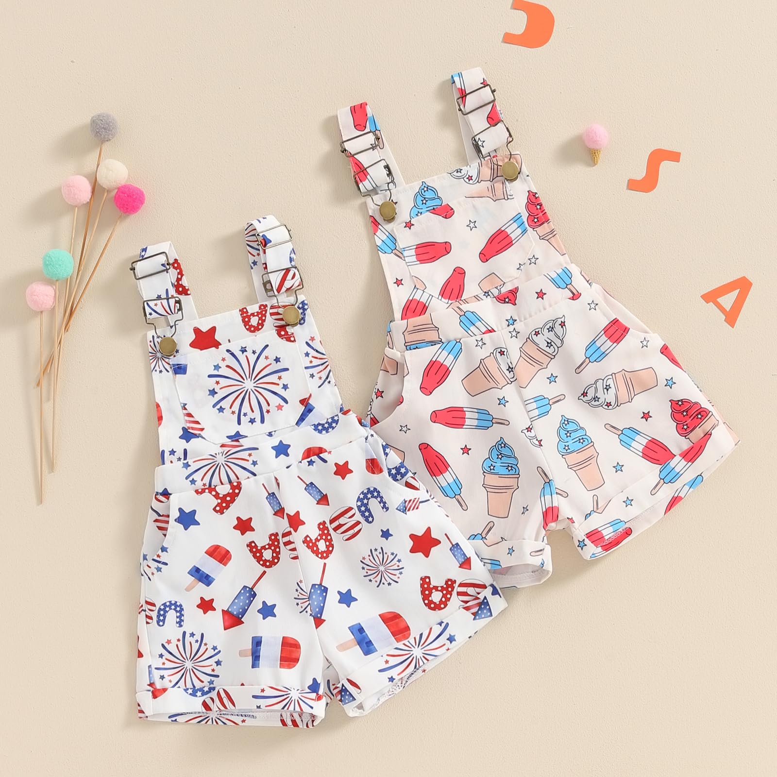 One opening 6M-6T 4th of July Baby Girl Clothes Ice Cream USA Firework Overalls Romper Suspender Shorts Toddler Girl Clothes (White, 5-6 Years)