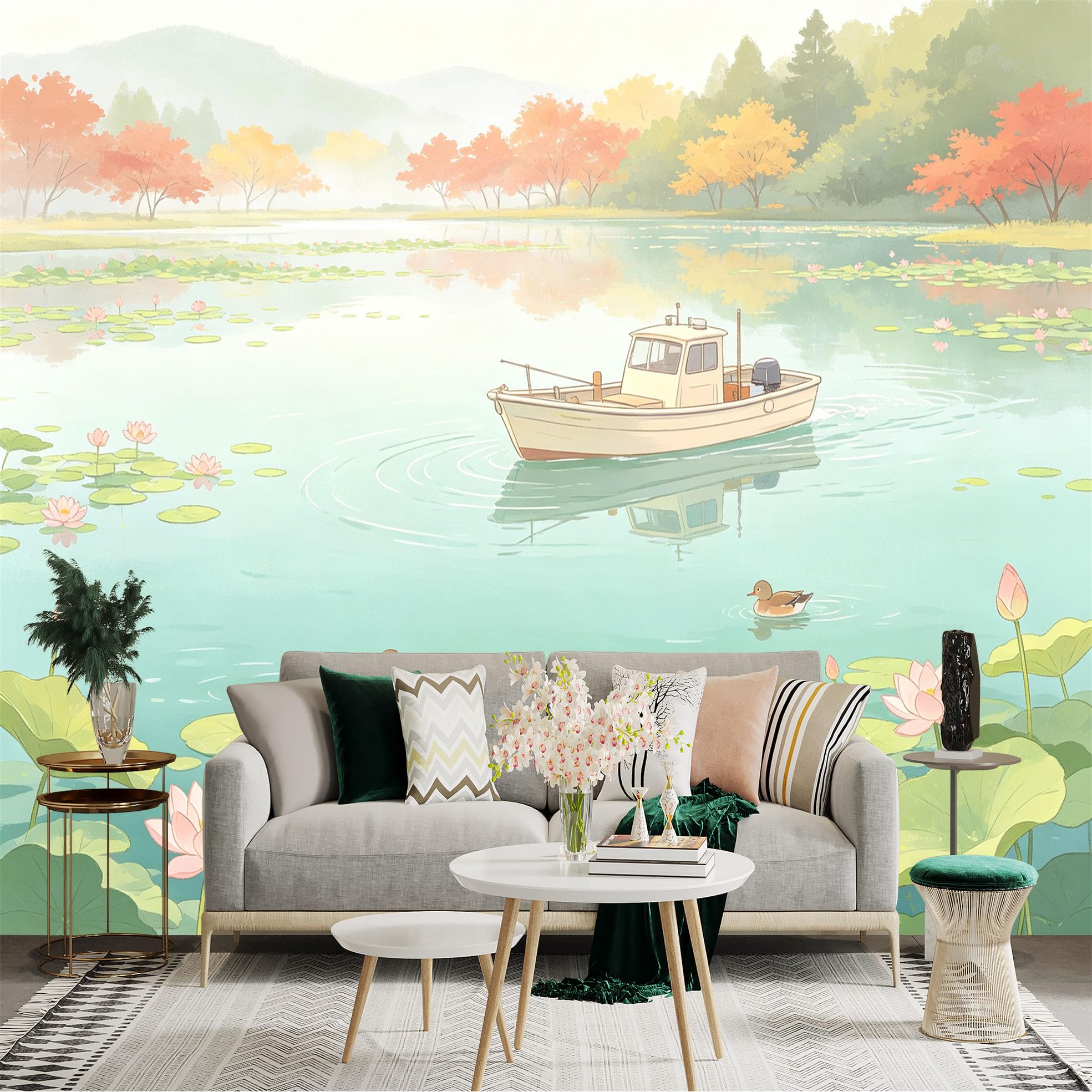 Custom Size Wall Sticker Mural， Peaceful Lake with Floating Boat， Blooming Lotus Flowers and Swimming Ducks， for wall Decoration， peelandstick wall Decals.