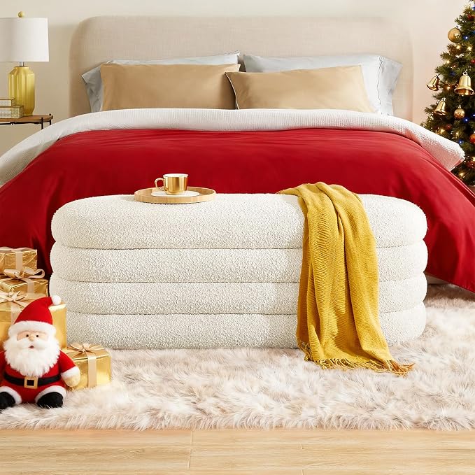 Storage Ottoman Bench 49.2 Inch Upholstered Fabric Storage Bench for Bedroom End of Bed Aesthetic Large Oval Ottoman for Living Room Entryway (Ivory)