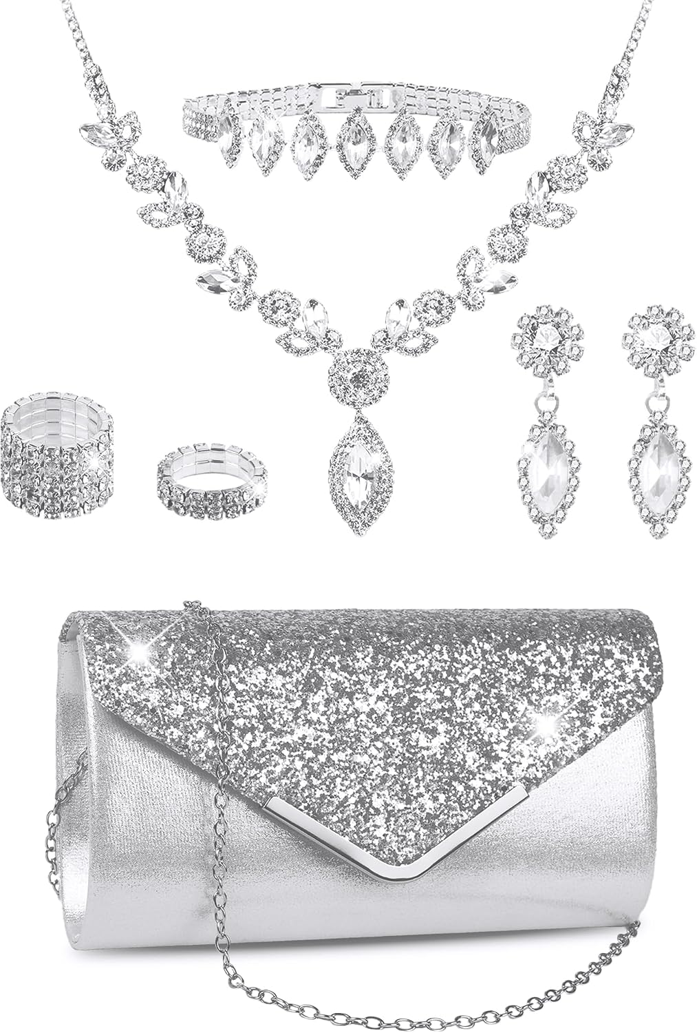 7Pcs Gold/Silver Rhinestone Jewelry Set for Women Prom Jewelry with Evening Clutch Purse, Bling Bracelets, Rhinestone Necklace and Earrings for Party Wedding Formal Bride Prom