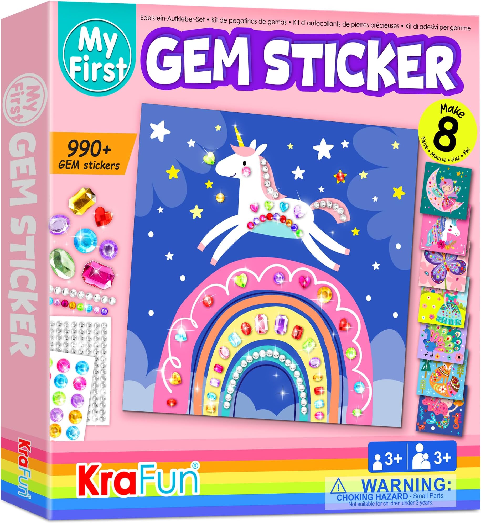 KRAFUN My First Gem Sticker Kit, 8 No Mess Art for Kids, DIY Gem Creative Activity, Easter Gifts for Toddlers Girls & Boys Ages 3-8, Travel Toys, 990 Pieces Animal Unicorn Craft Kits & Supplies