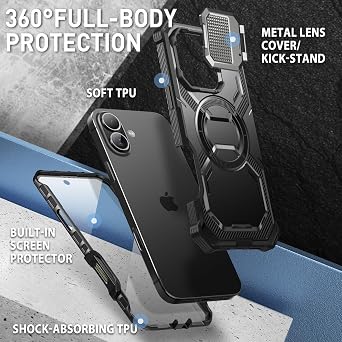 i-Blason Armorbox for iPhone 16 Case MagSafe with Stand, 360 Full-Body with Built-in Screen Protector, Camera Control, Camera Cover Kickstand, Heavy Duty Protection for iPhone 16, Black