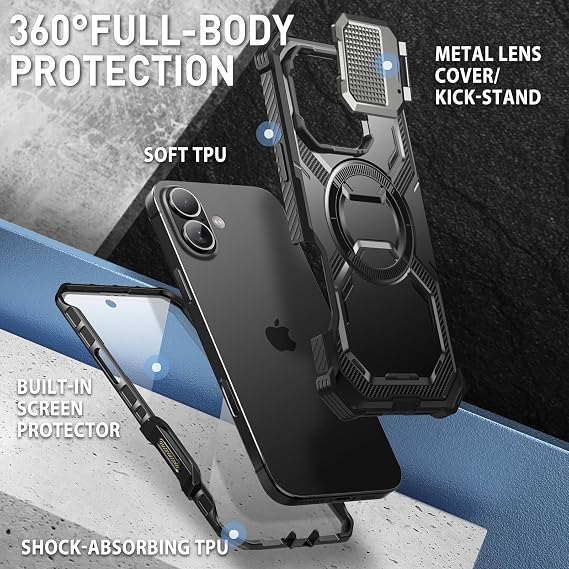 i-Blason Armorbox for iPhone 16 Case MagSafe with Stand, 360 Full-Body with Built-in Screen Protector, Camera Control, Camera Cover Kickstand, Heavy Duty Protection for iPhone 16, Black
