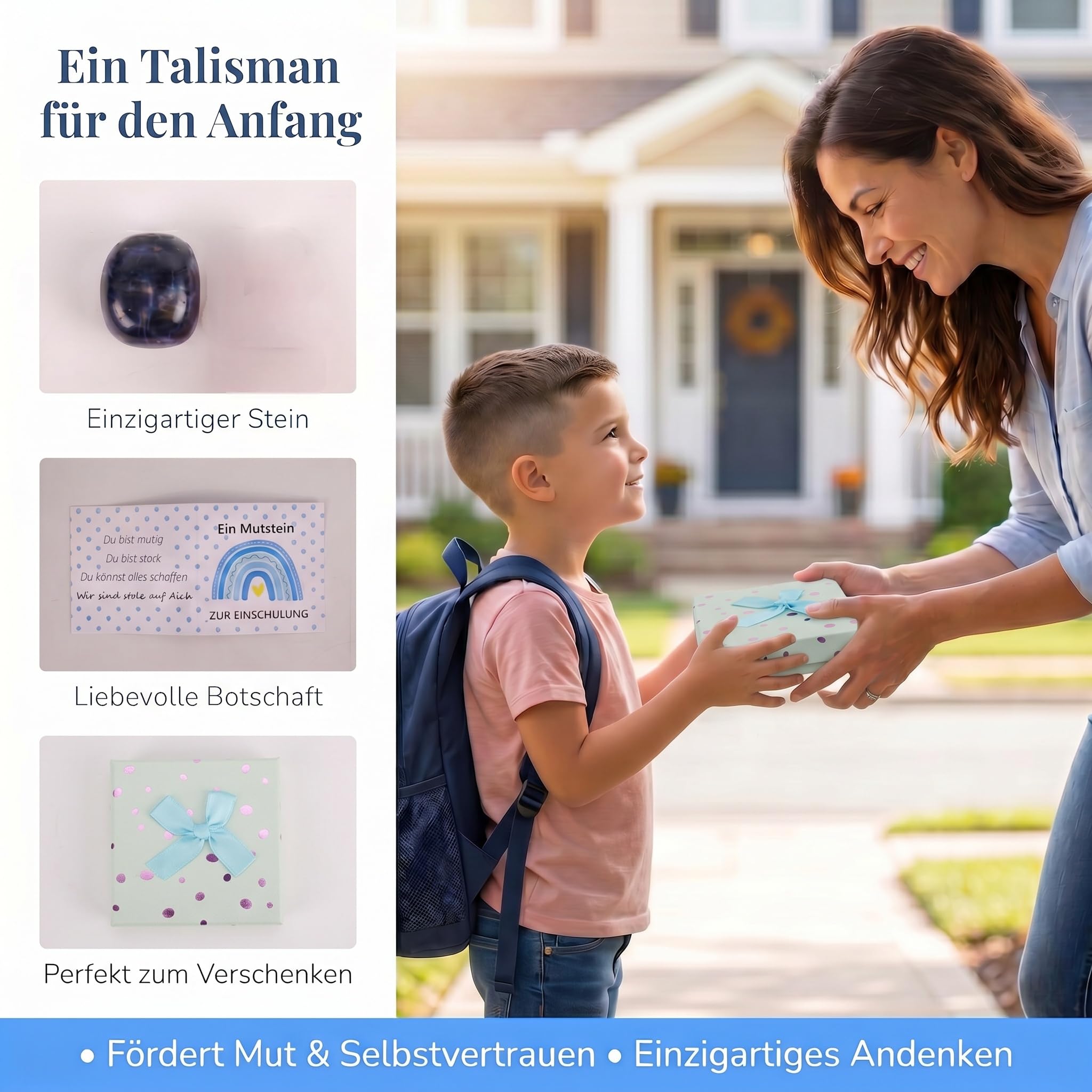 Mutstein für Kinder Einschulung, Geschenke Zur Einschulung Junge, Schultüte Füllung Schulkind 2026 Schulstart Geschenk, Glückssteine Mit Grußkarte Schachtel, Glücksbringer Schulanfang Mutmacher