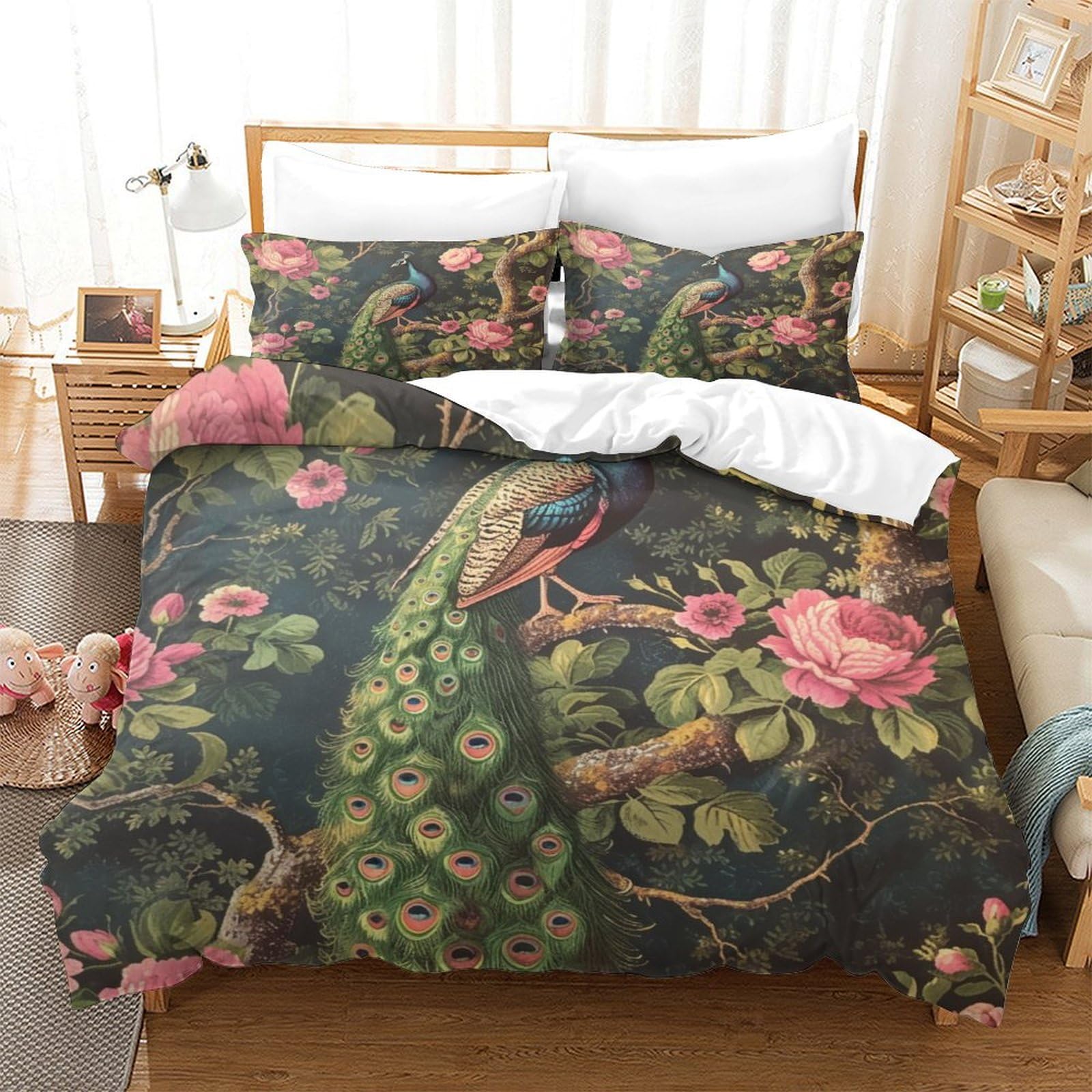 Housse de couette paon 140x200 ensemble de literie microfibre 3D taie d'oreiller single