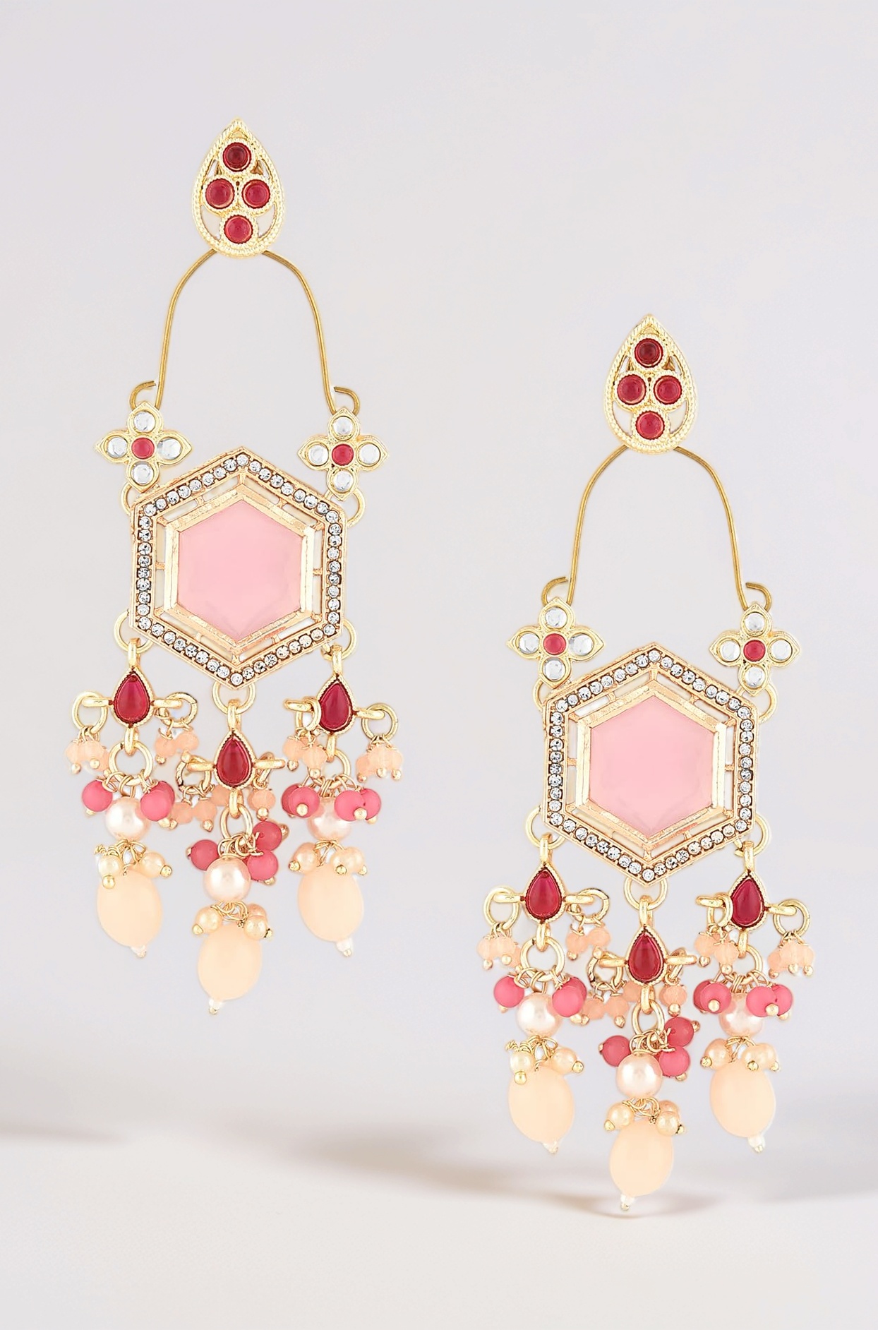 Pink Stones Kundan & Beads Dangle Ethnic Earring For Women -ZPFK16183