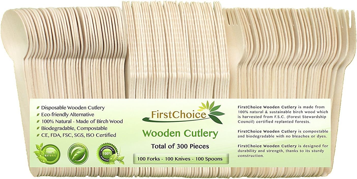 300-Piece Disposable Wooden Cutlery Set [100 Forks, 100 Spoons, 100 Knives] Eco Friendly Bamboo Biodegradable Compostable Supplies, Camping BBQ - Use with Party Paper Plates, Paper Bowls