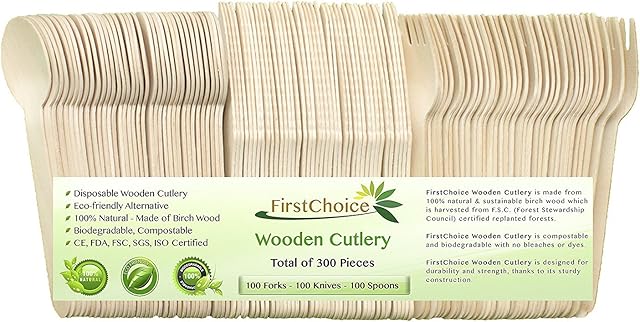 300-Piece Disposable Wooden Cutlery Set [100 Forks, 100 Spoons, 100 Knives] Eco Friendly Biodegradable Compostable Supplies, Camping BBQ - Use with Party Paper Plates, Plastic Cups,Paper Bowls