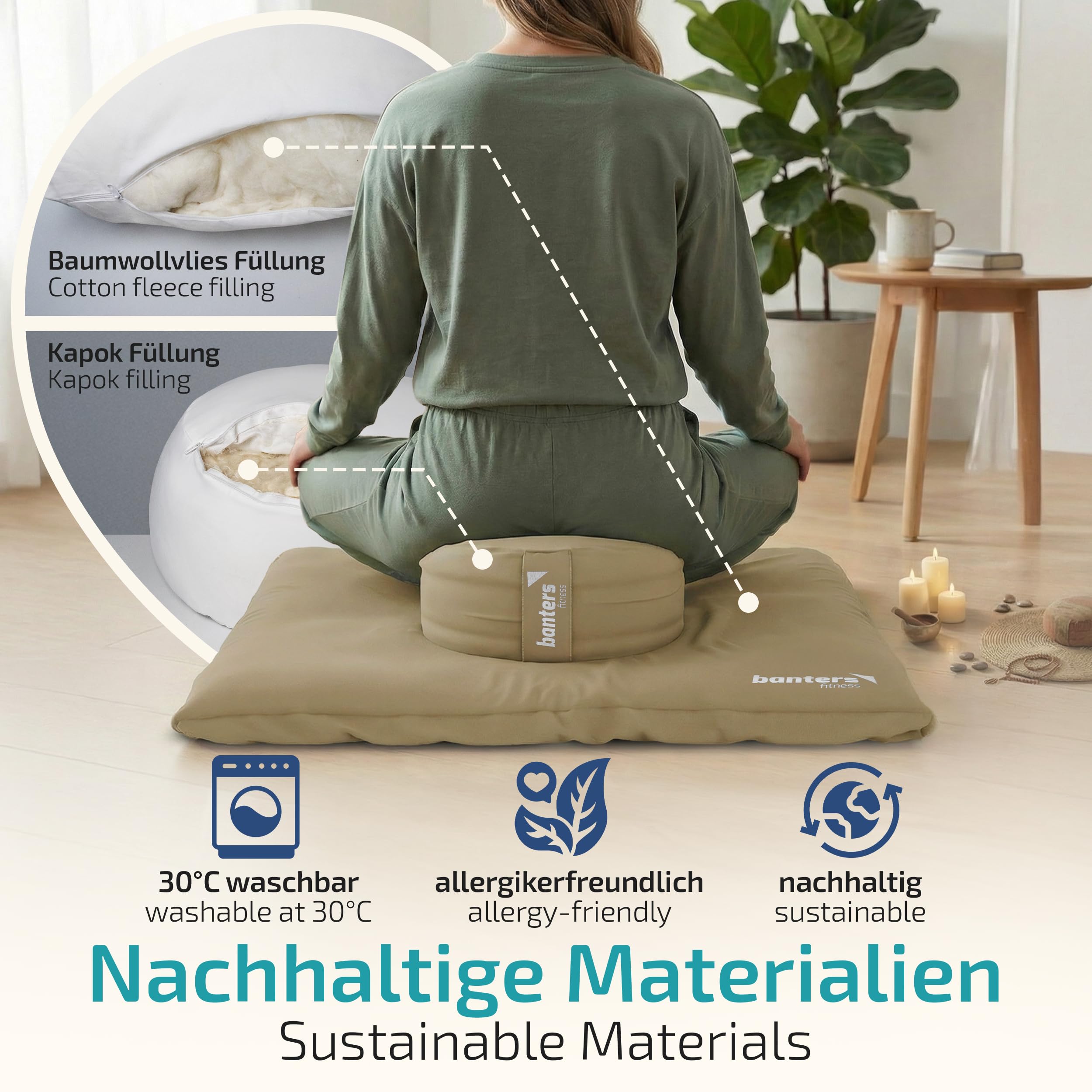 Banters Zabuton - Tappetino da meditazione, 80 x 80 x 6 cm, 100% cotone biologico, ergonomico, lavabile, con 5 minuti