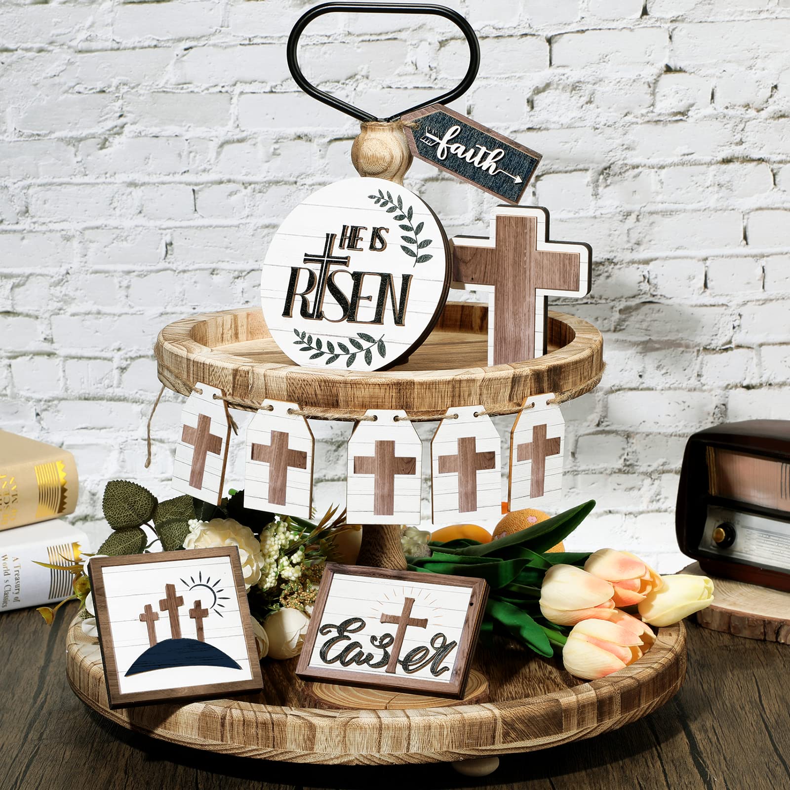 6 Pieces Easter Tiered Tray Decor Spring Religious Wooden Signs with Hanging Wreath Small Wood Tray Bunny He is Risen Tiered Center Piece Vintage Easter Decor for Home Decor (He is Risen Style)
