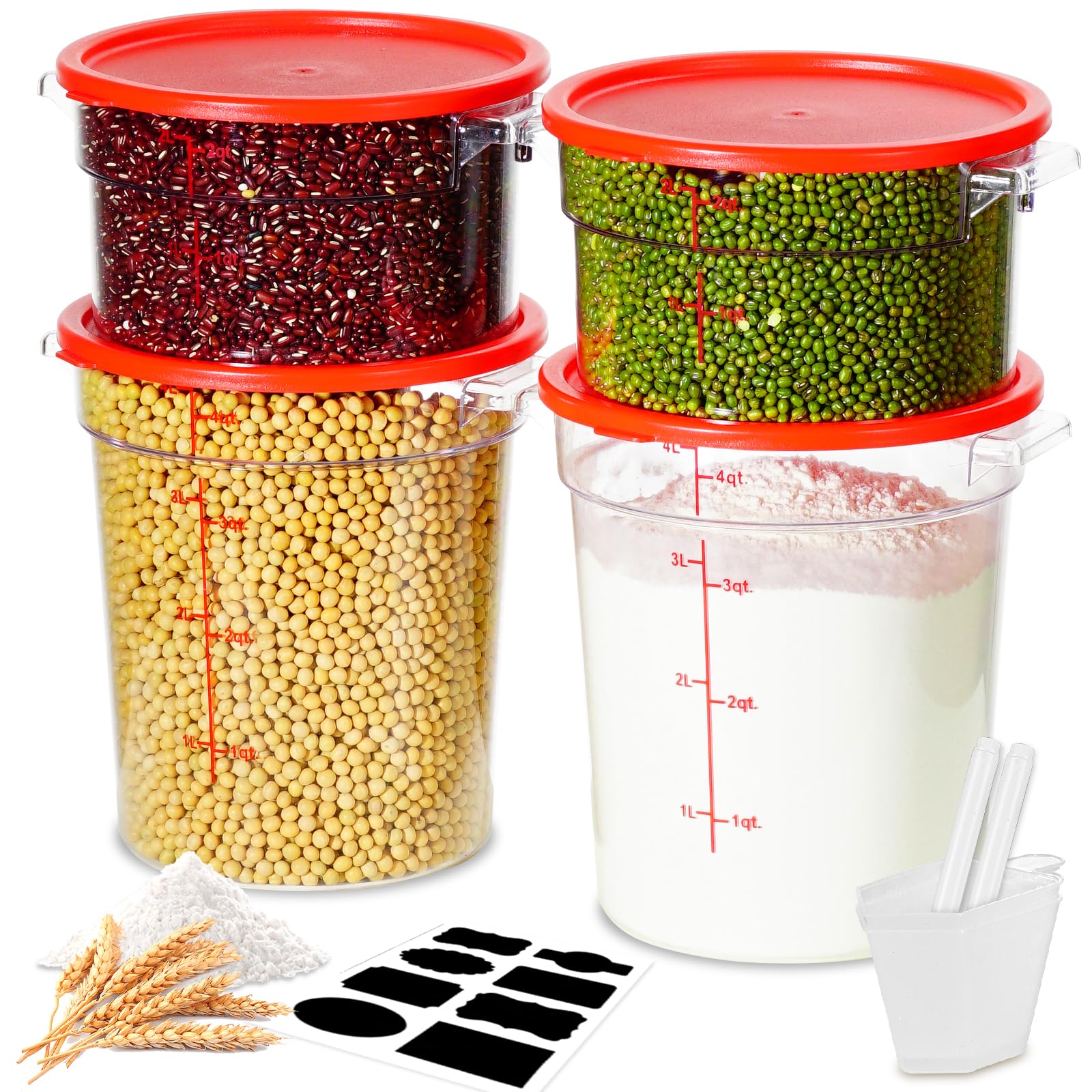 2QT&amp;4QT 4PCS NSF Commercial Clear Food Storage Containers with Lids(RED)