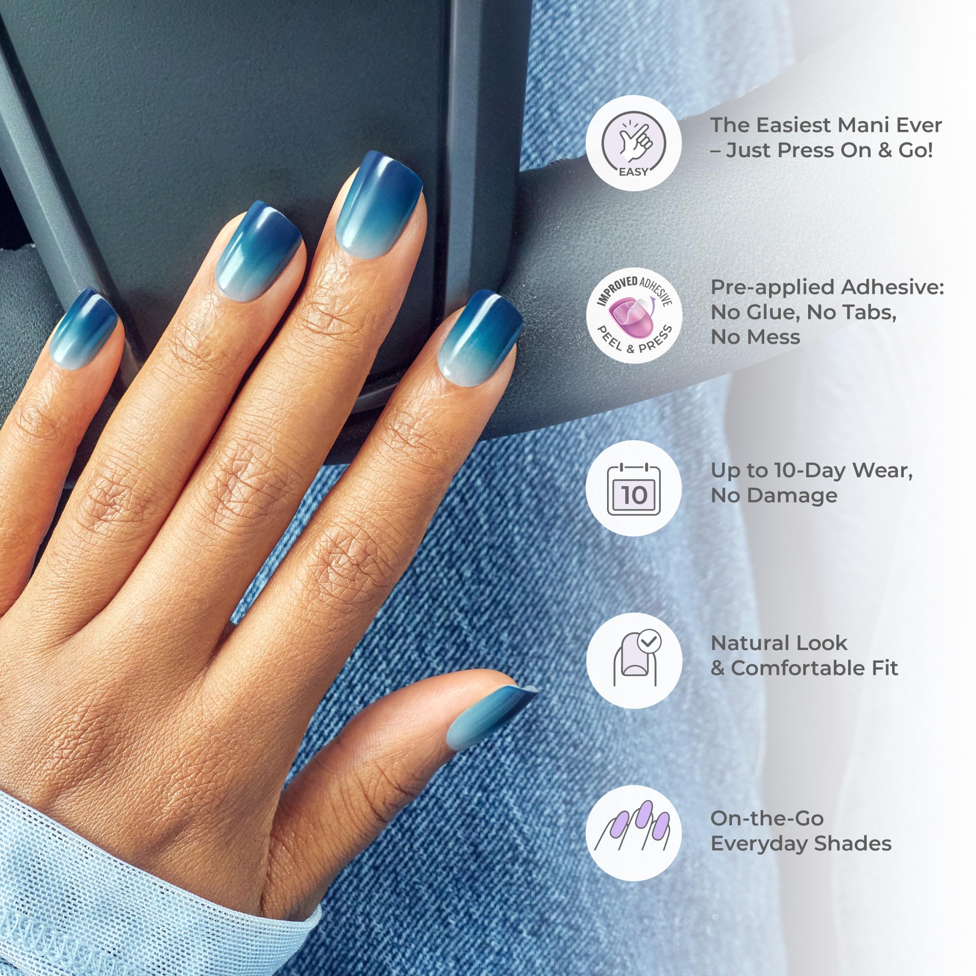KISS imPRESS Color, sztuczne paznokcie samoprzylepne - Baby Why So Blue, z technologią PureFit, 30 paznokci, mini pilnik, patyczek do skórek oraz gaziki dezynfekujące