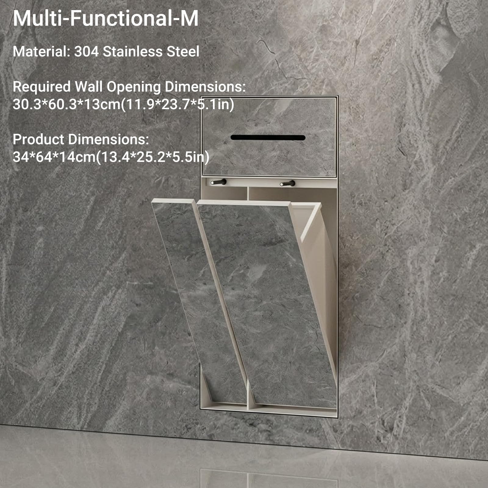 Nicho Empotrado 4 en 1 con Papelera, portarrollos y escobillero, Acero Inoxidable 304, Armario de Pared Impermeable para baño(Gun Gray,Multi-Functional-M)