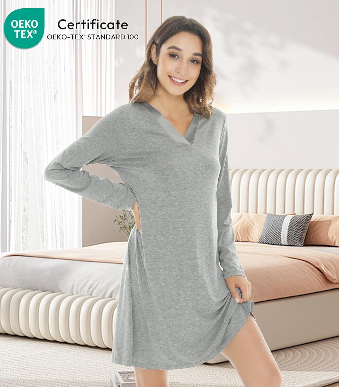 NACHILA Nightgowns for Women-Viscose Made from Bamboo,Long Sleeve Night Shirt Soft Sleepshirt Satin V Neck Sleepwear - Image 2