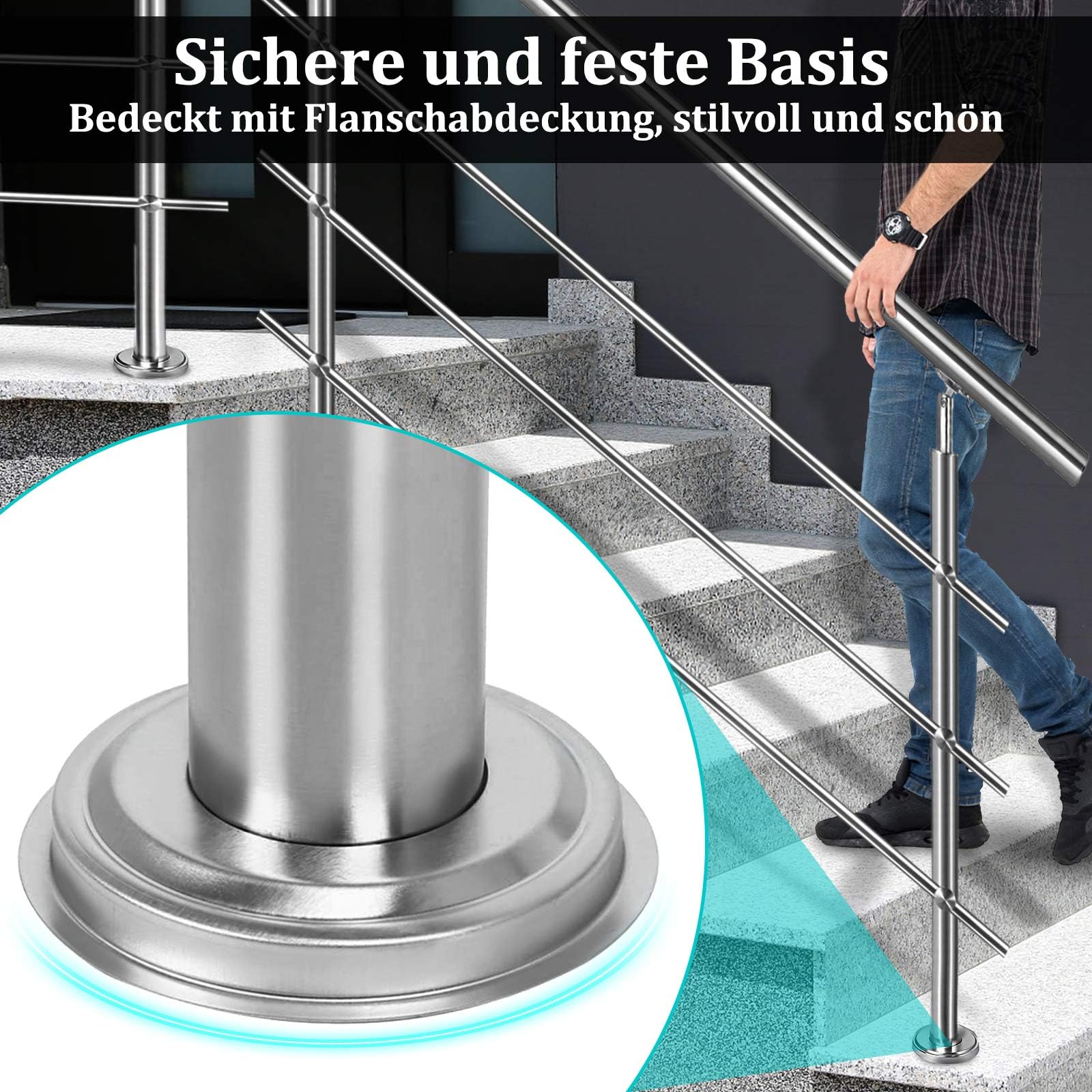 Froadp 100cm Treppengeländer Edelstahl Winkelverstellbar Handläufe mit Kugelring und 2 Pfosten Innen Stange Geländer-Set für Treppen Terrassen Brüstung (3 Querstäbe)