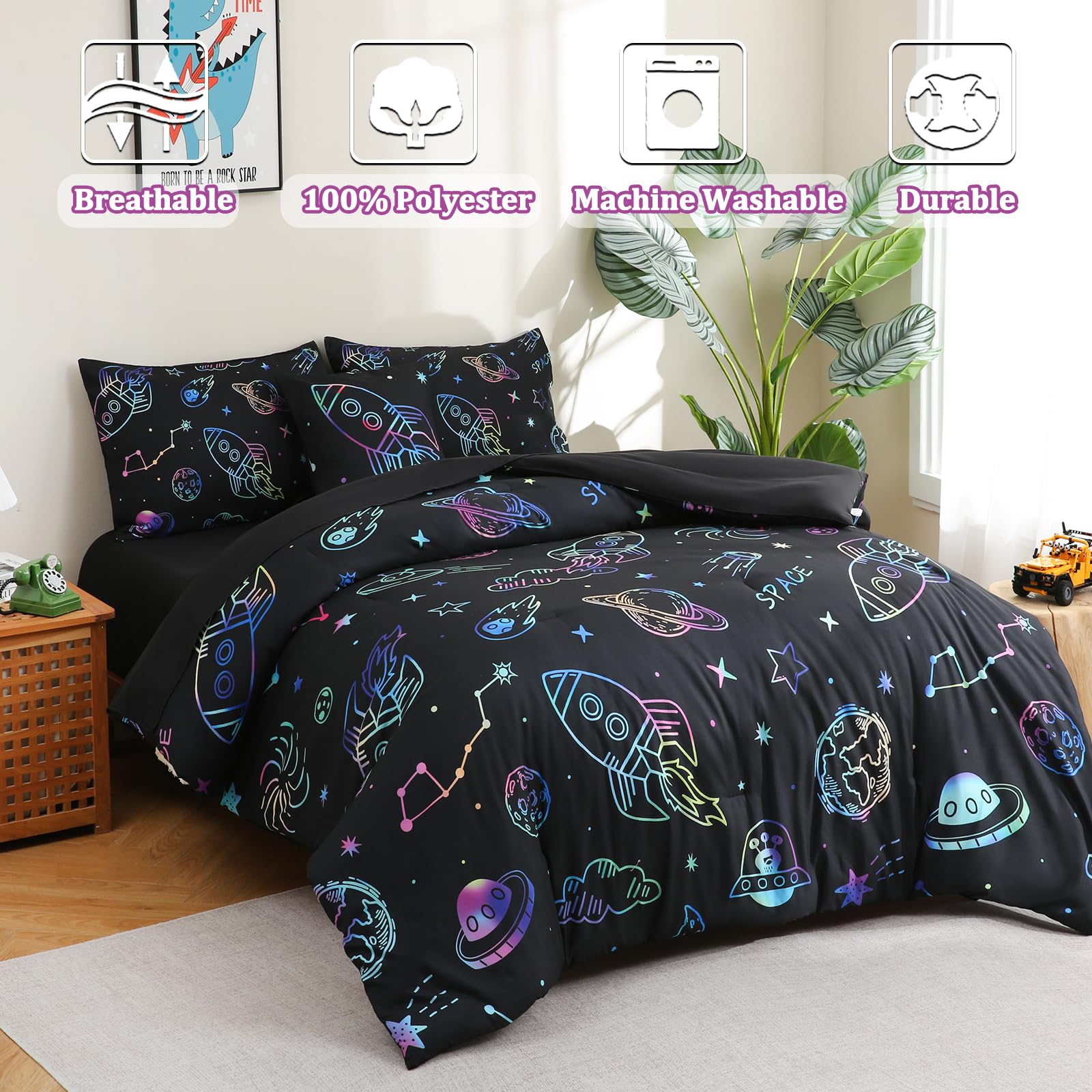 Tasselily 6 Pcs Space Twin Bedding Set for Boy,Twin Size Rocket Comforter Sets with Sheets for Boys Outer Space Twin Bedding Sets for Kids Teens