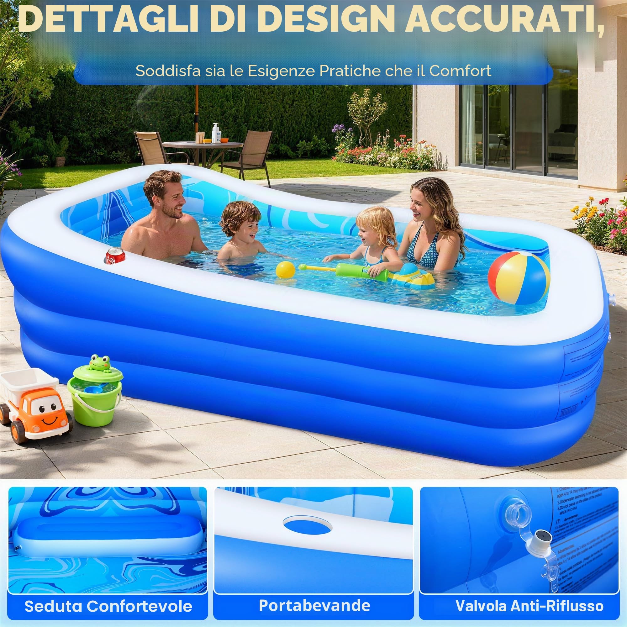 LuxBlue Piscina Gonfiabile Adulti, Piscine Gonfiabili per Famiglie con Seduta e Schienale, 0.5mm Ispessito Grande Piscina Gonfiabile Rettangolare, 250*160*63cm Piscinas Gonfiabili Giardino Terrazzo