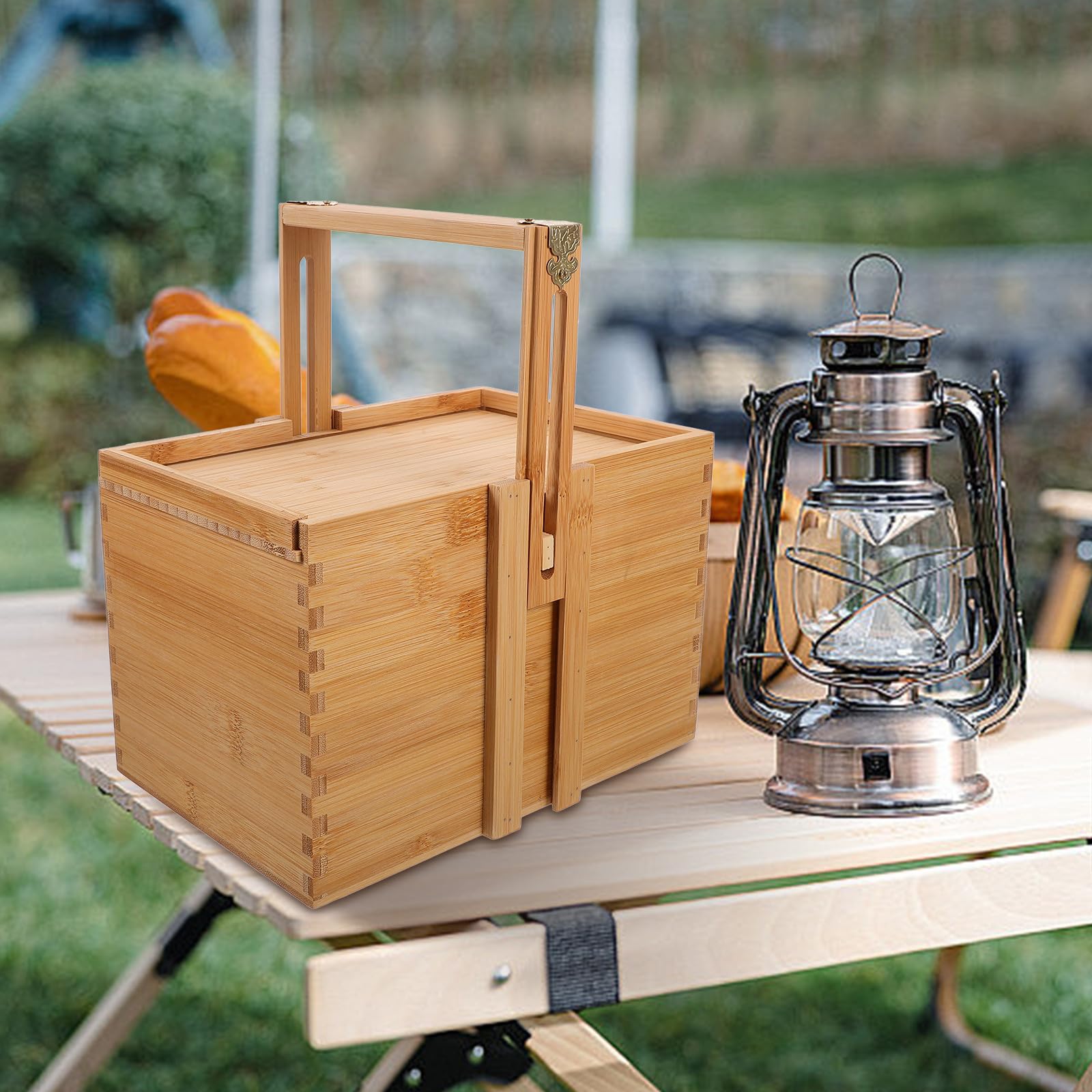 Cesta de Bambú Asa Ajustable para Picnic y Almacenamiento, Caja de Madera para Guardar Postres y Té, Diseño Sencillo y Fácil de Transportar para Uso Familiar