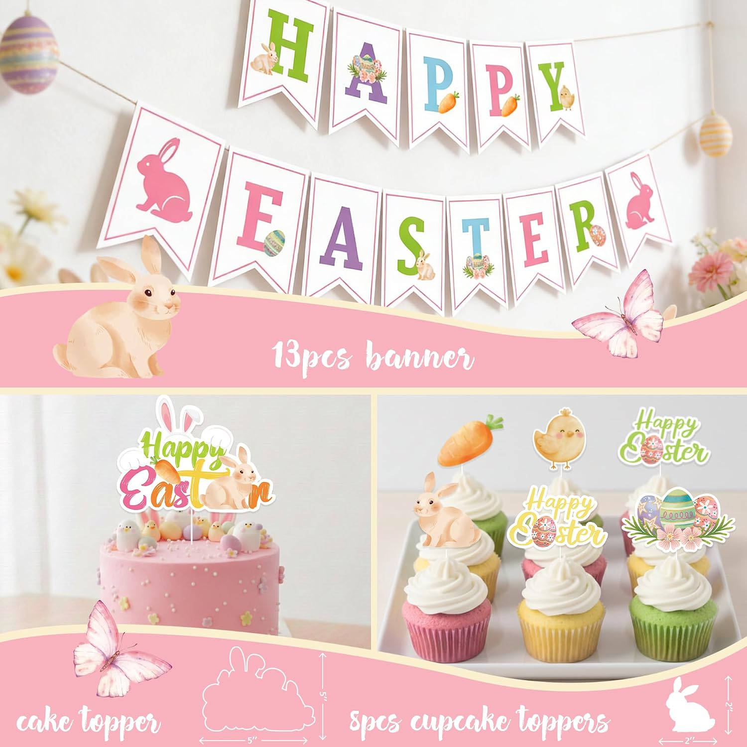 Easter Party Decorations Kit – Happy Easter Bunny Party Supplies for Home & Indoor Decor, Spring Balloon Garland with Banner, Cake & Cupcake Toppers, Foil Fringe Curtains for Easter Garden Celebration