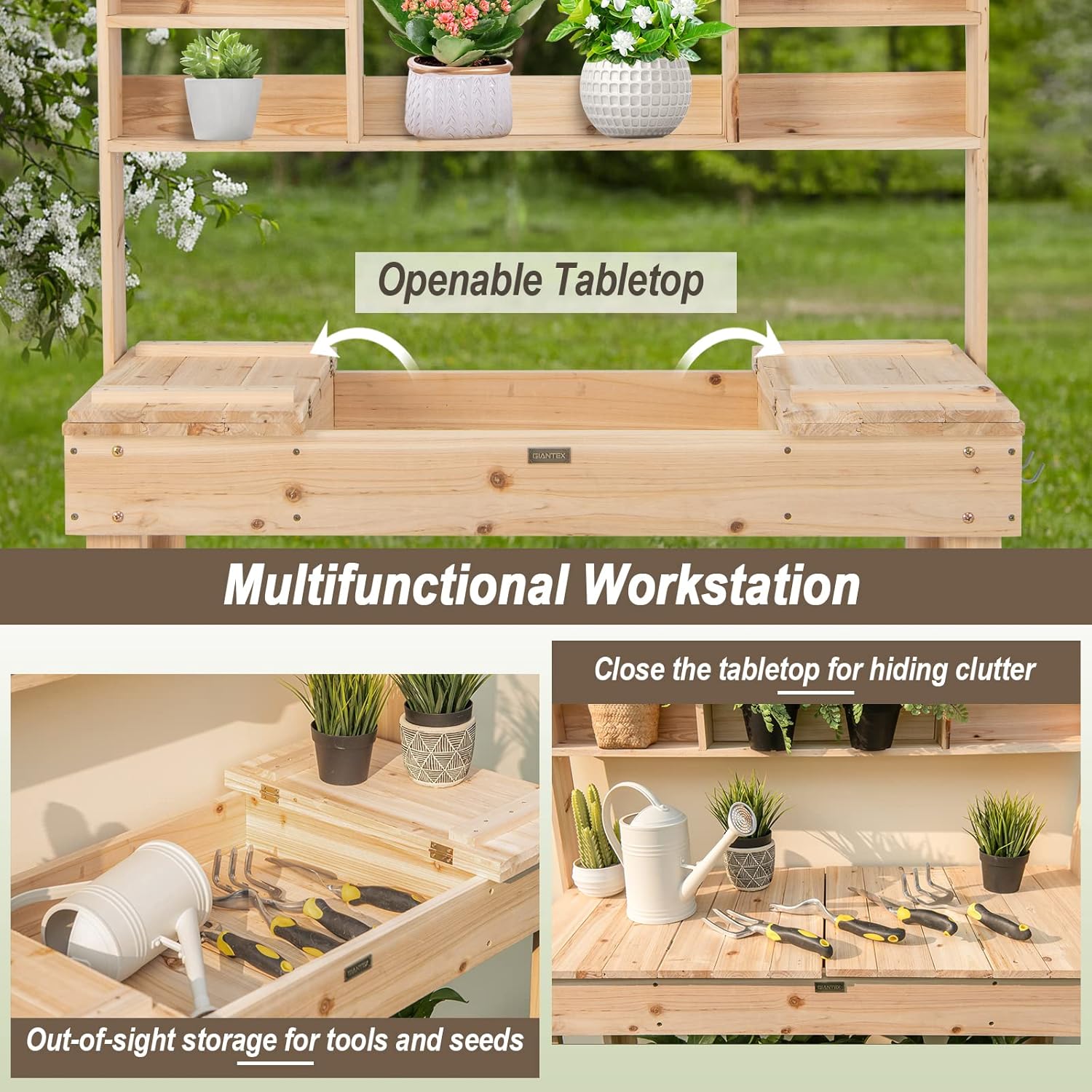 Giantex Garden Potting Bench Table, Large Workbench Table with Shelves, Openable Tabletop Hidden Storage Cabinet, 3 Hooks, Outdoor Wooden Workstation for Patio Garden Garage, 43.5"x19.5"x 60.5"