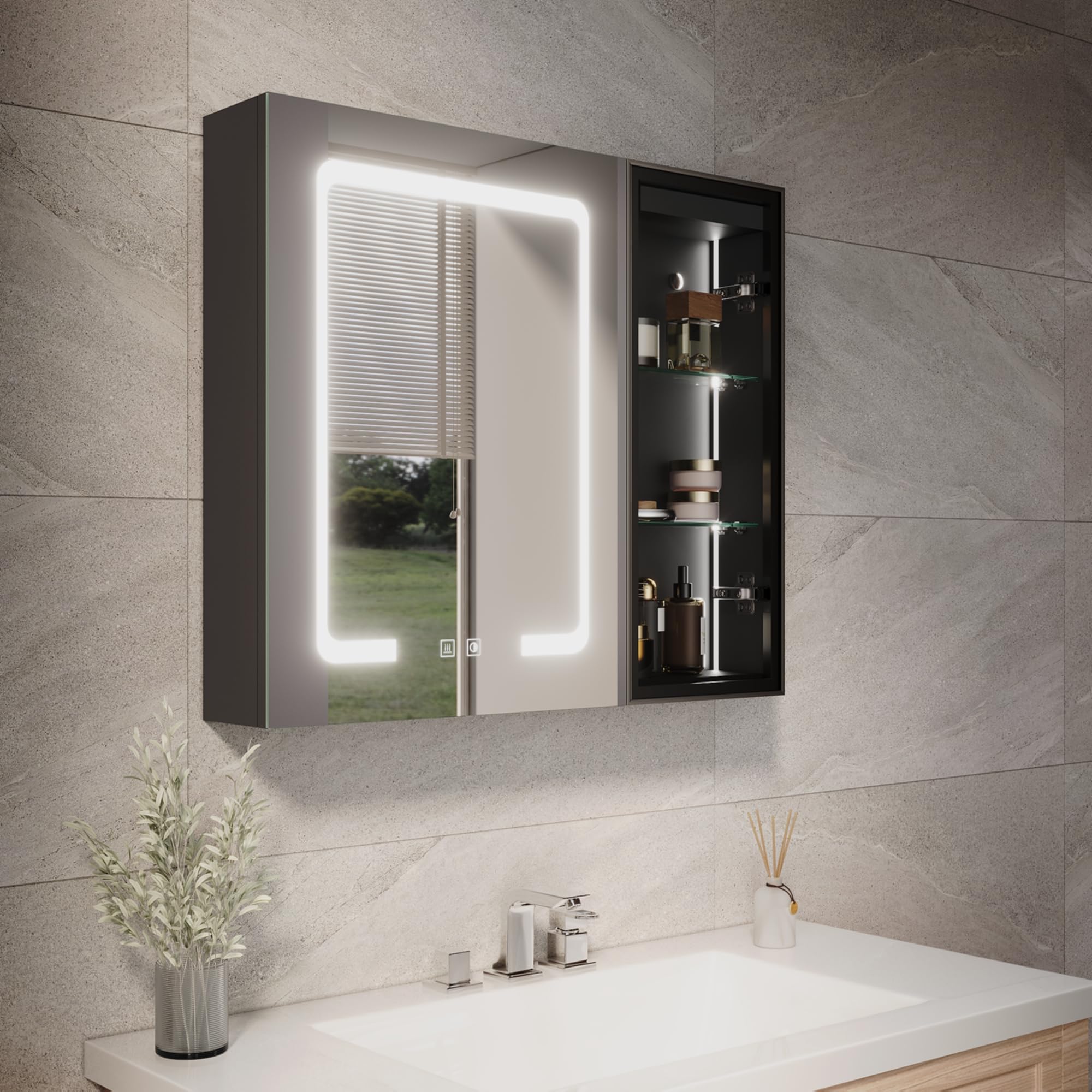 ELEGANT Illuminated Bathroom Mirror Cabinet with Lights, Black, 700x600mm