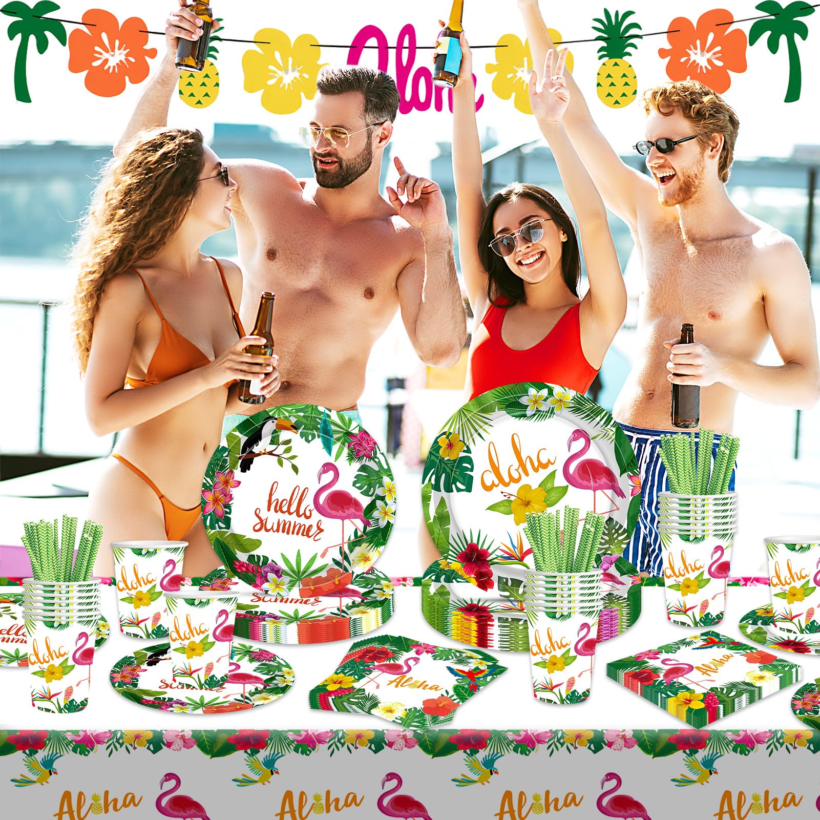 102 Pezzi Set Stoviglie per Festa Hawaiana con Piatti Carta Fenicotteri Hawaiane Bicchieri di Carta Tovaglioli Tovaglie Decorazioni per Festa Hawaiana per Party Hawaiano (Stile 1)