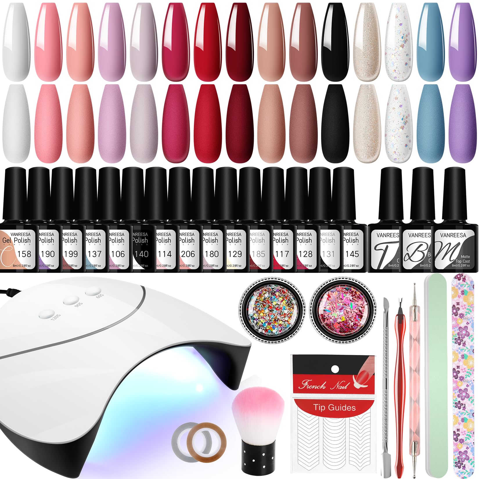 VANREESA Kit Uñas Semipermanentes 15 Colores Uñas Semipermanentes Kit con Lámpara de Uñas U V 36W Kit Manicura Semipermanente con Base Top Mate Coat Regalos para Mujeres