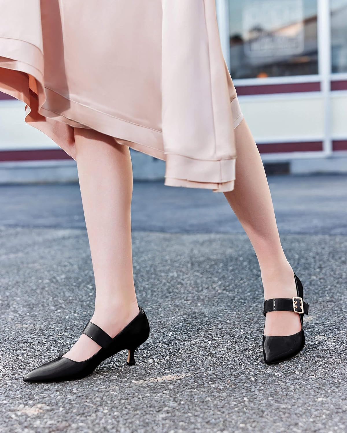 Coutgo Womens Kitten Heels Mary Jane Shoes Closed Pointed Toe Dress Shoes Buckle Work Office Pump Shoes - Image 2