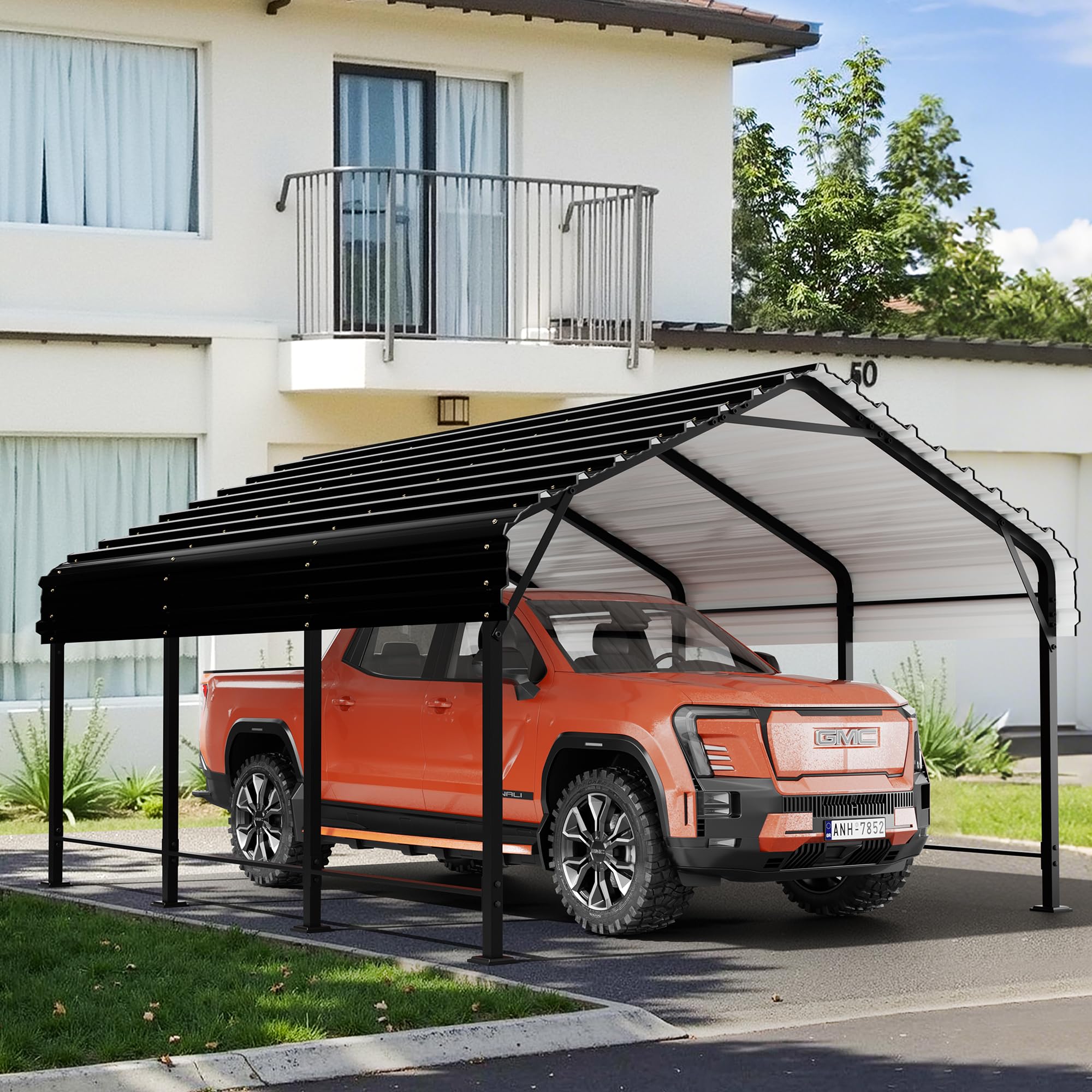 Walsunny Metal Carport 12x15 FT Heavy Duty Carport Canopy with Enhanced Base, Outdoor Car Shelter with Galvanized Steel Roof and Frame Garage for Truck, SUV, Boat, Gray