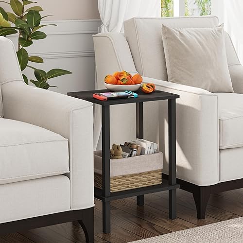 Miniatura 4 de TUTOTAK TB01BK035 - Mesa auxiliar, mesita de noche con estante de almacenamiento de 2 niveles, para espacios pequeños, 2 unidades Negro,Marrón,Gris