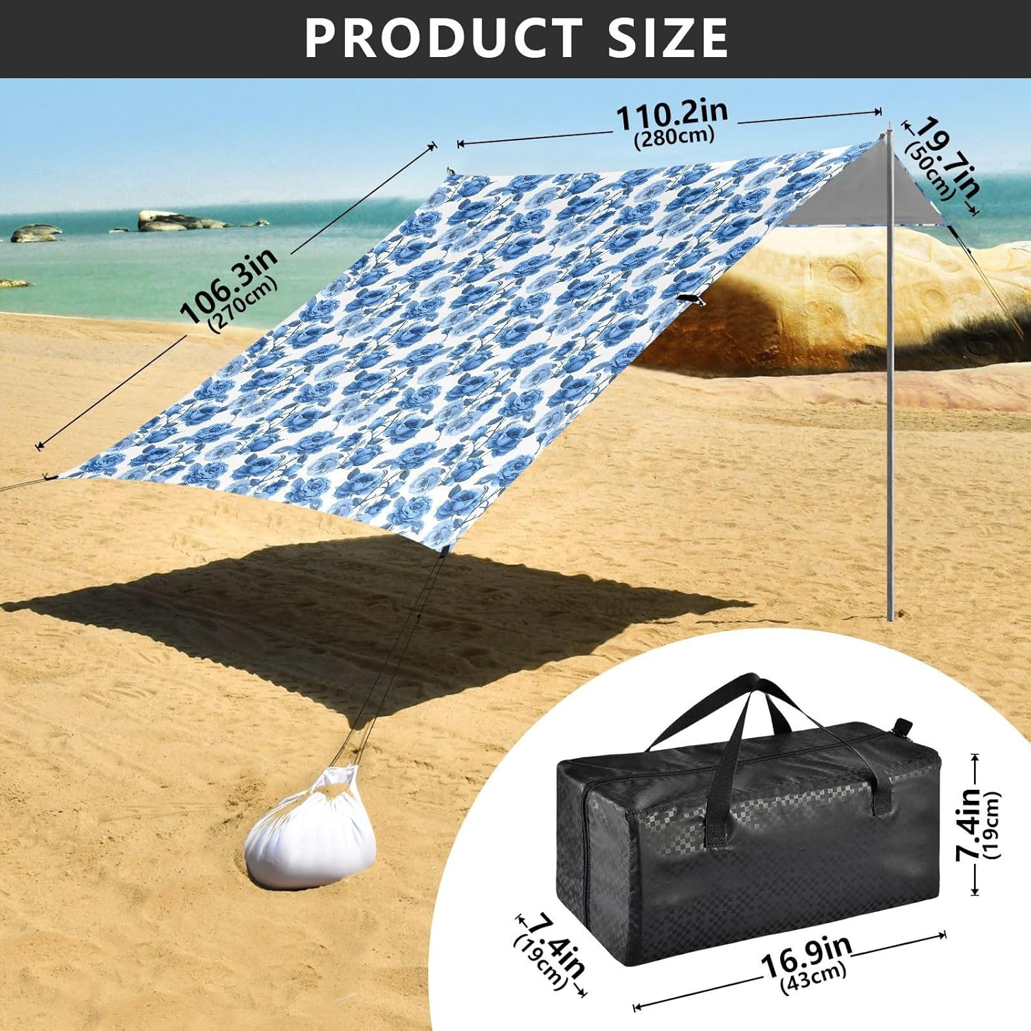 ALAZA Blue Rose Floral Flower Beach Tent Sun Shelter UPF50+ Protection Beach Shade Canopy w/ 4 Sandbags for Outdoor Camping, Fishing, Backyard Fun, Picnic, 10x9 ft
