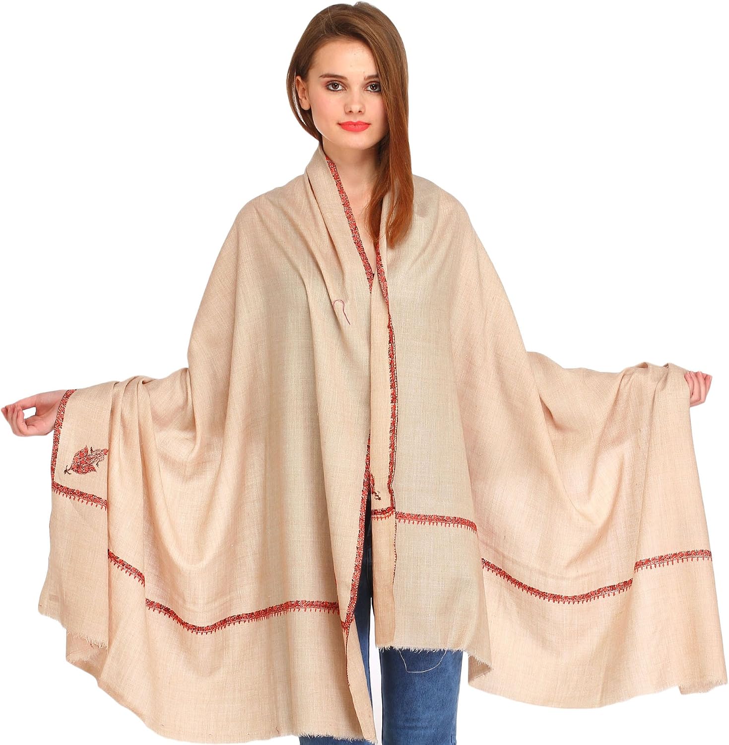 Exotic India Plain Kashmiri Kingri Shawl with Sozni Hand-Embroidery on Border