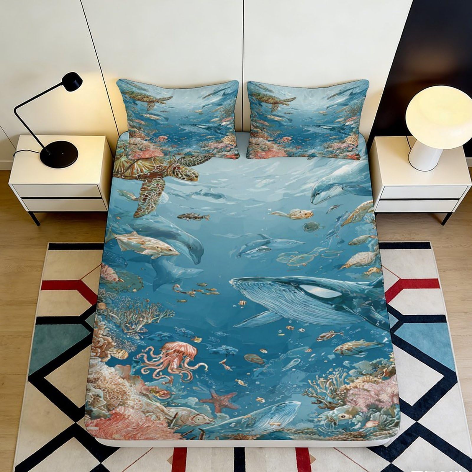 3D Printed Ocean Underwater World Fitted Sheet Microfiber Soft Blue Marine Life Mattress Cover for Bedroom Decor 140x200x25cm