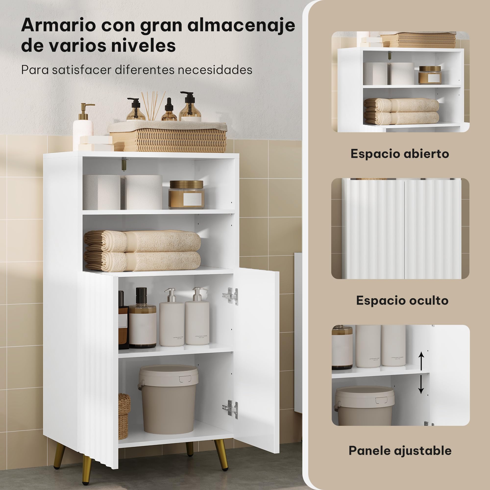 eSituro Armario de Baño con 2 Estantes Abiertos, Estantes Ajustables, Puertas Onduladas, 50x31x93cm