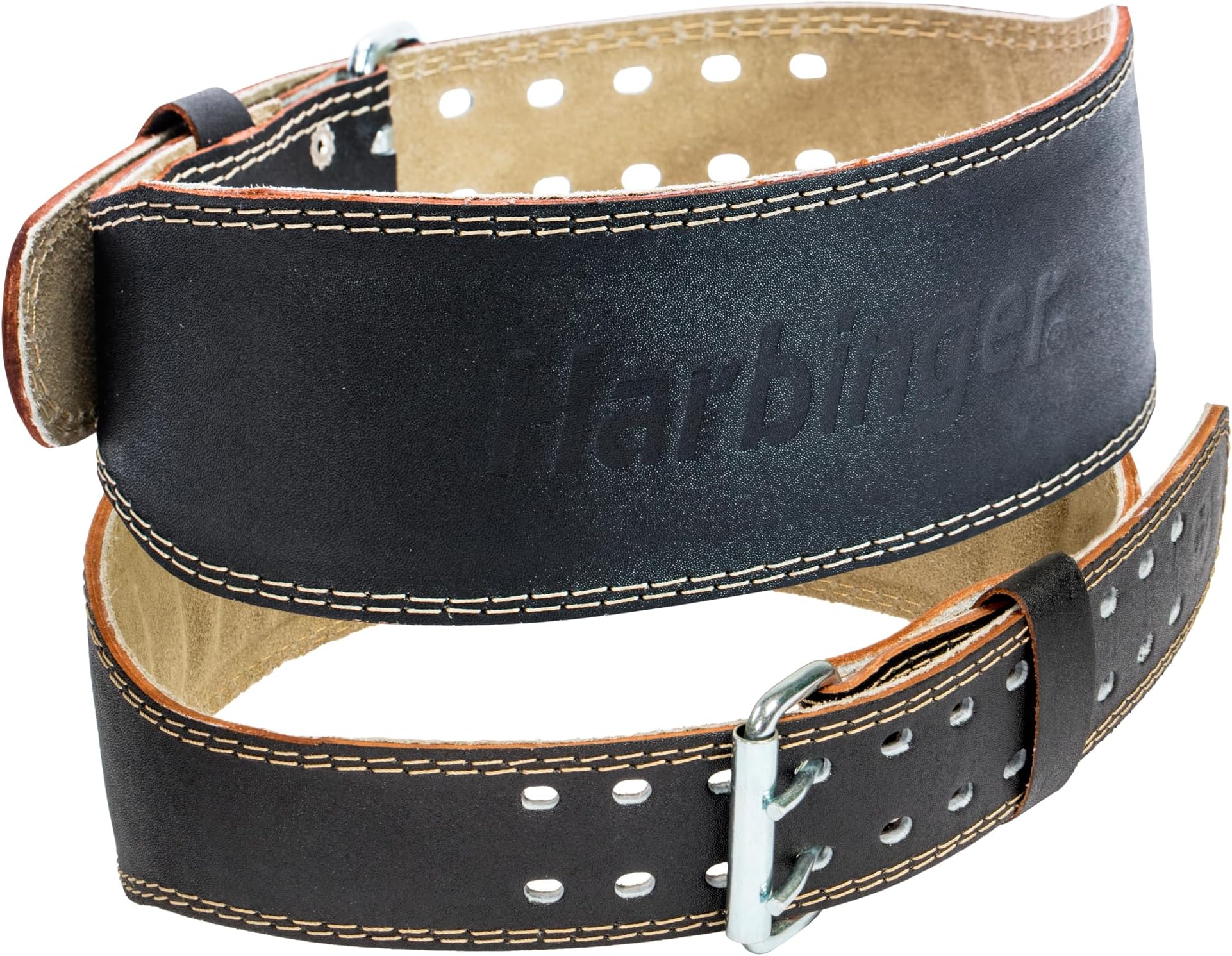 Harbinger Padded Leather Contoured Weightlifting Belt - 4" or 6” Width - Interior Suede Lining & Foam Cushioning - Heavy-Duty Dual Prong Steel Roller Buckle - for Lifting Support